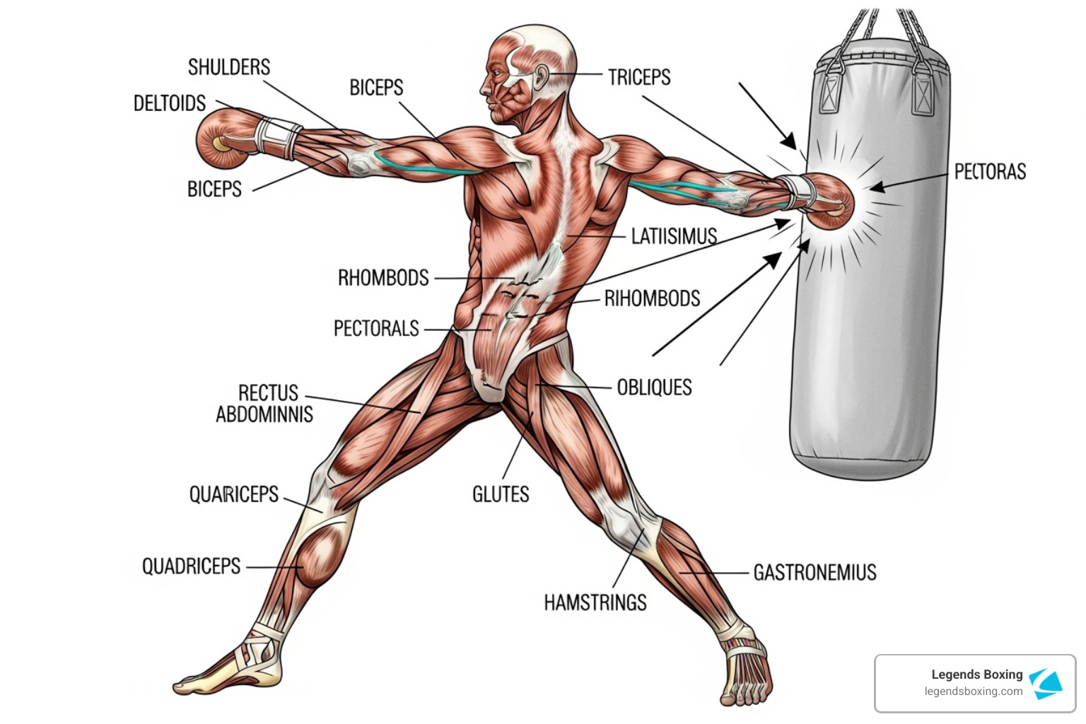 Diagram showing the muscles worked during a heavy bag session, highlighting shoulders, arms (biceps, triceps), chest, back, core (abs, obliques), glutes, and legs (quads, hamstrings) - boxing bag training drills