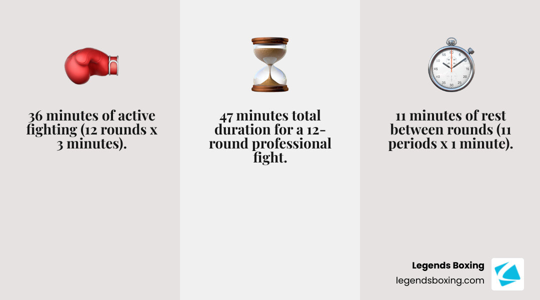 Infographic showing the breakdown of a 12-round professional boxing match: 12 rounds x 3 minutes = 36 minutes of active fighting time, plus 11 rest periods x 1 minute = 11 minutes of rest, totaling 47 minutes from first bell to final bell - how long is a round of boxing infographic 3_facts_emoji_grey
