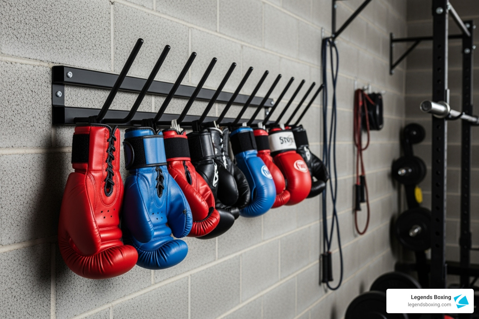 Wall-mounted boxing glove drying rack in a garage gym setting, showcasing gloves hanging upside down for optimal drying - boxing gloves storage ideas