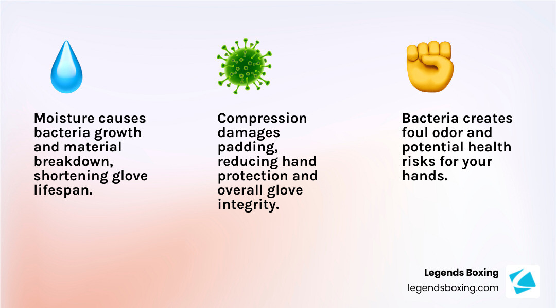 Infographic showing the three main enemies of boxing gloves: moisture which causes bacteria growth and material breakdown, bacteria which creates odor and health risks, and compression which damages padding and reduces protection - boxing gloves storage ideas infographic 3_facts_emoji_light-gradient