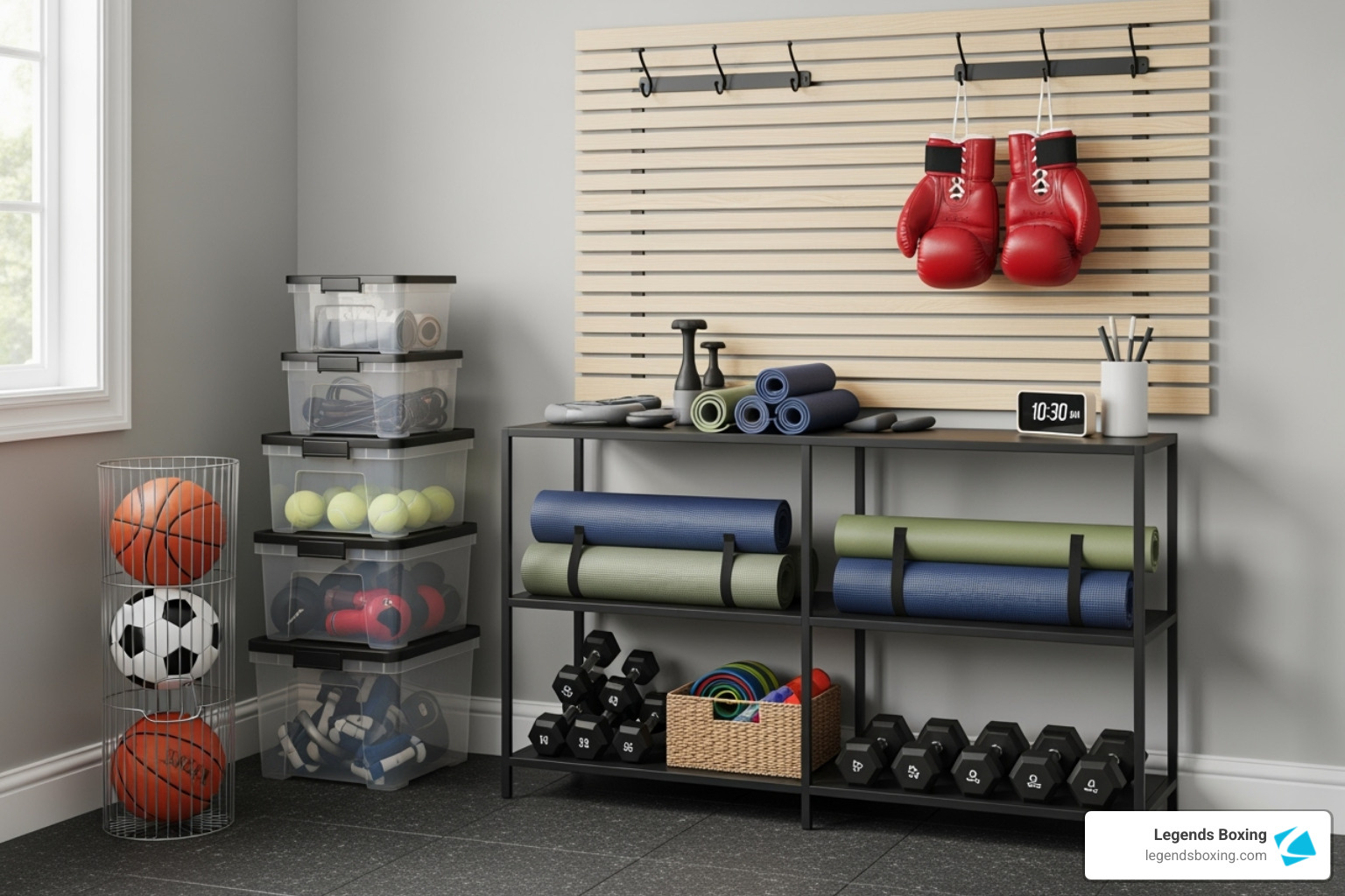 Organized sports equipment corner with boxing gloves hanging, showing a mix of shelves, hooks, and bins for various gear - boxing gloves storage ideas