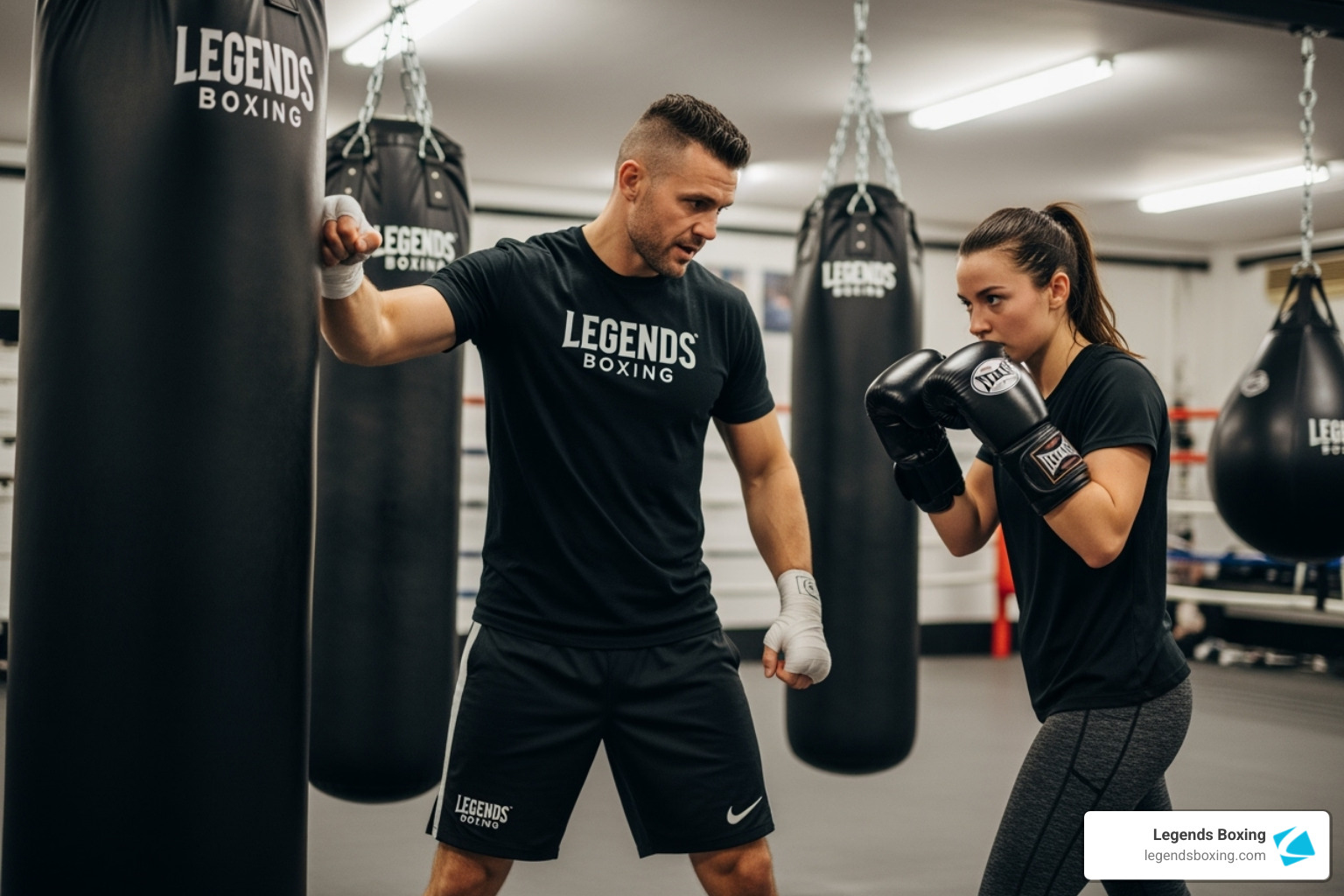 A friendly Legends Boxing coach showing a beginner how to throw a punch on a heavy bag - boxing gym free trial