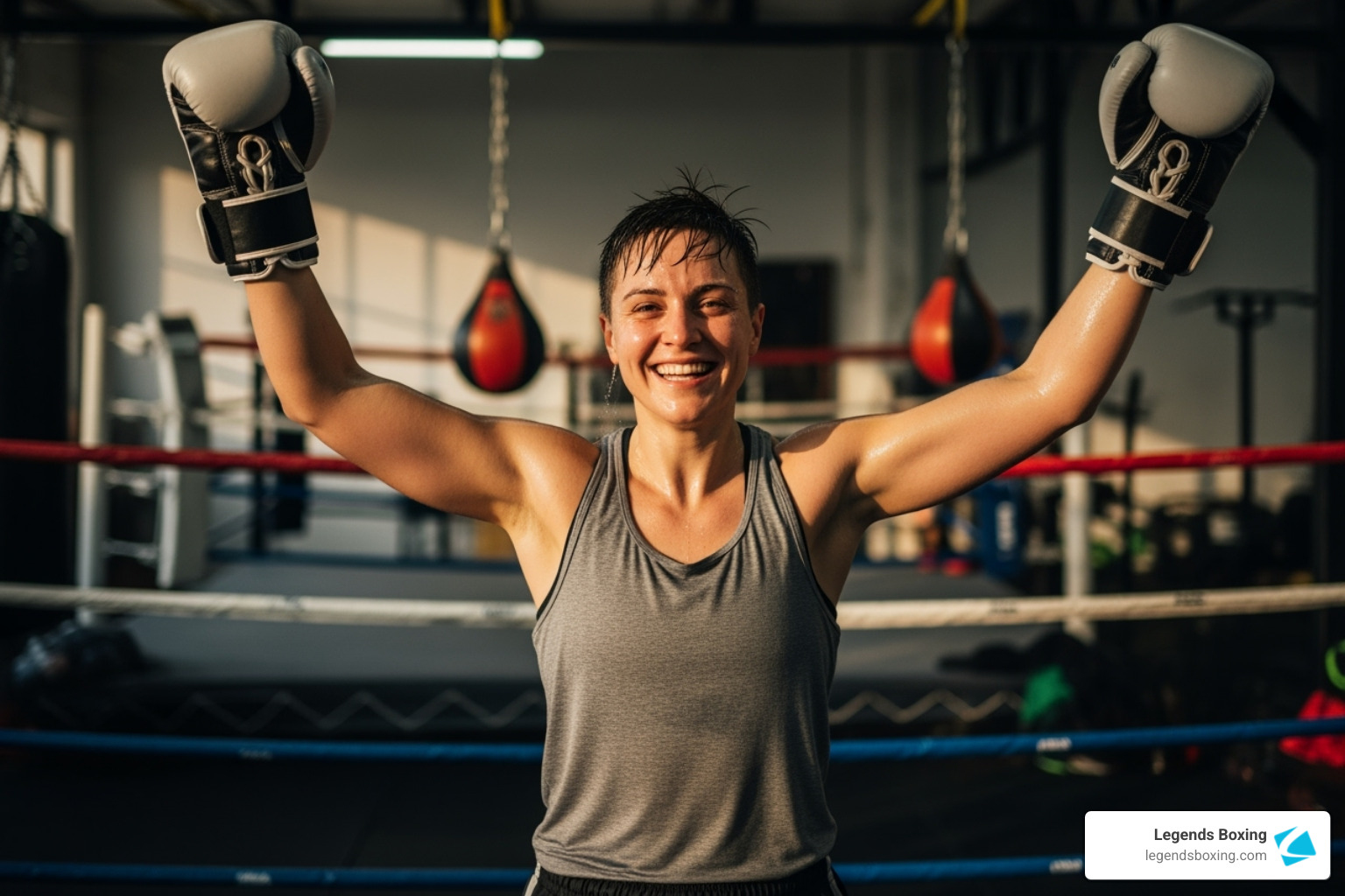 A person triumphantly finishing a workout, looking empowered - boxing gym free trial