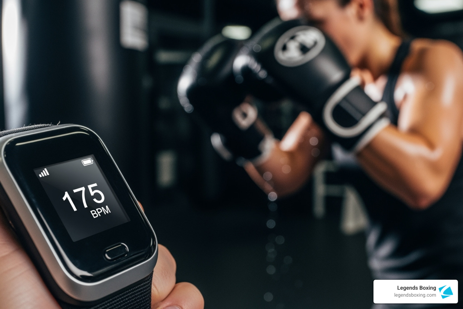 Heart rate monitor showing a high BPM during a cardio boxing workout - cardio boxing workout with bag Heart rate monitor showing a high BPM during a cardio boxing workout - cardio boxing workout with bag