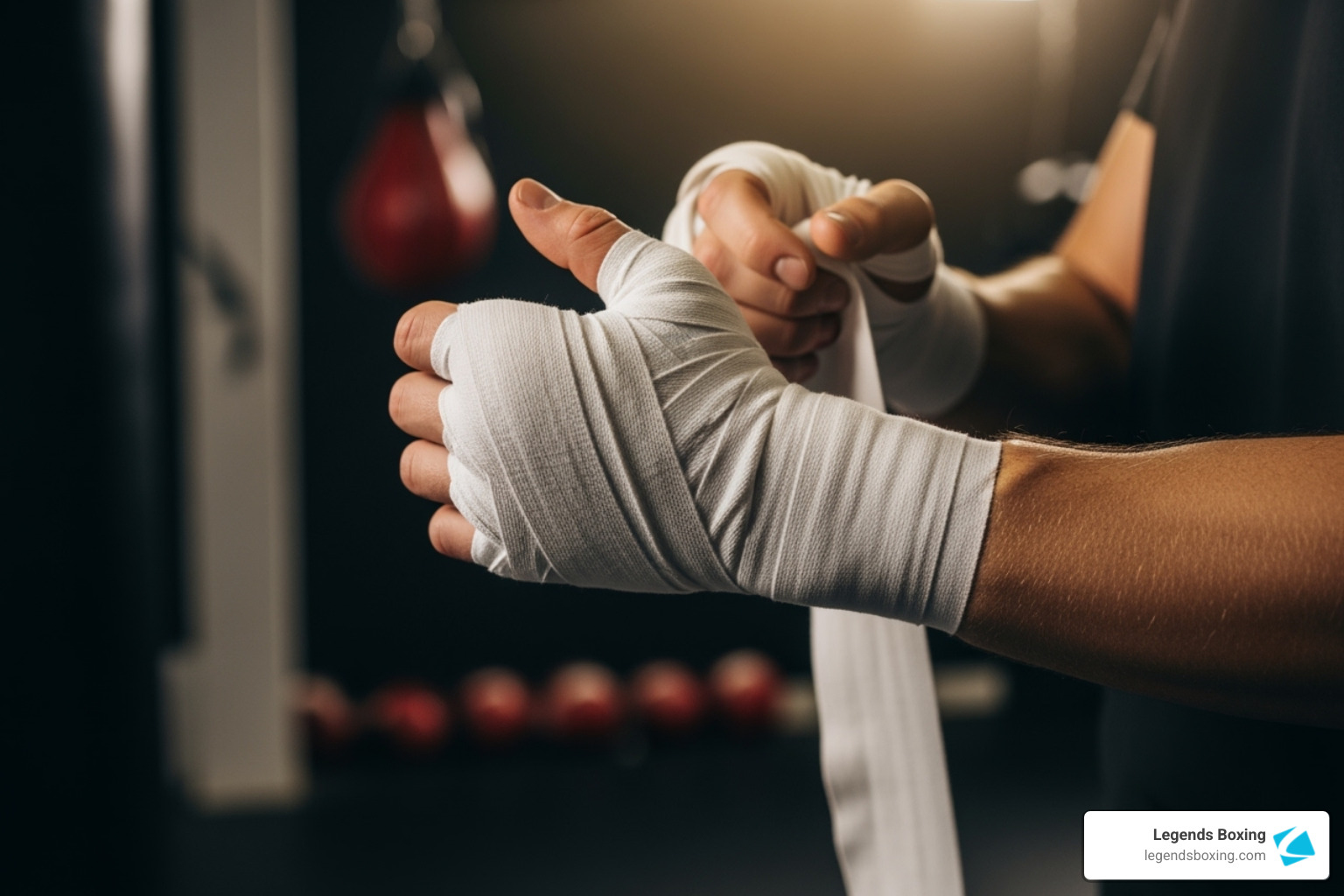 Person correctly wrapping their hands before a boxing workout - cardio boxing workout with bag Person correctly wrapping their hands before a boxing workout - cardio boxing workout with bag