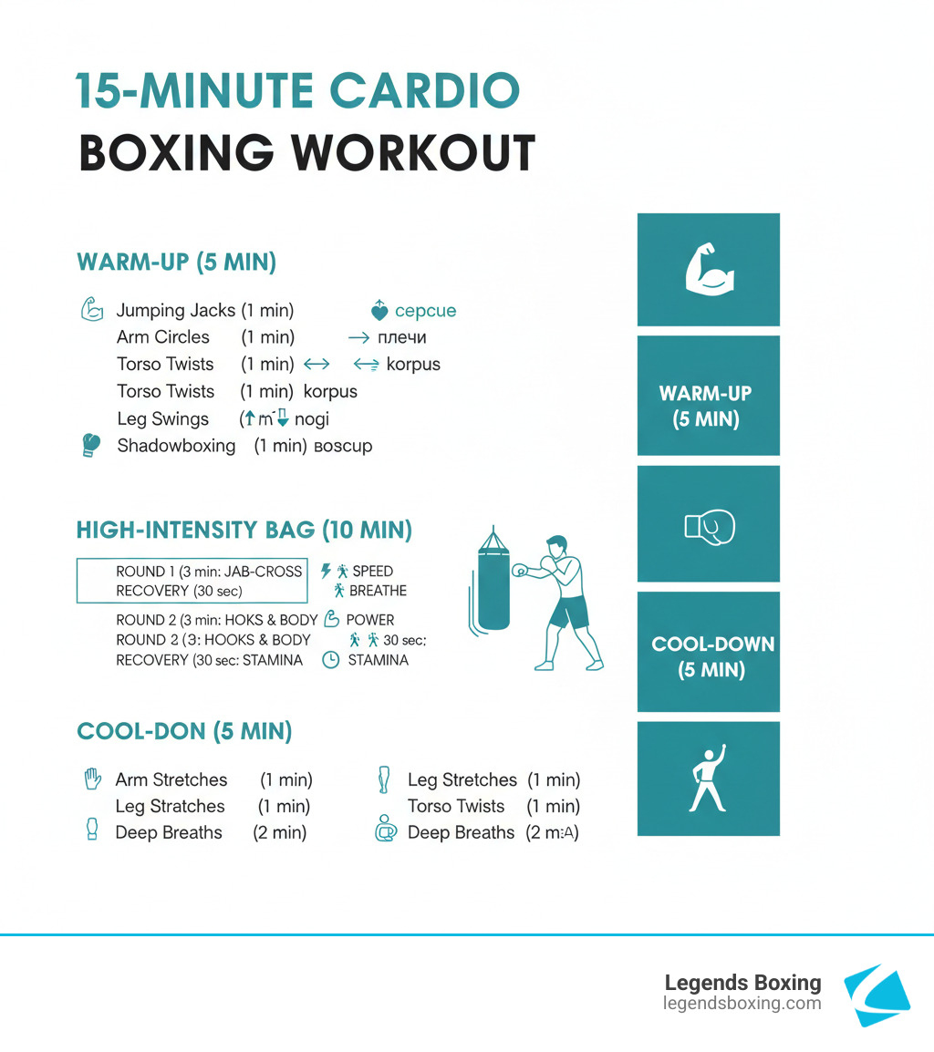 Table detailing a 15-minute cardio boxing workout with bag, including warm-up, high-intensity rounds, and cool-down sections with specific exercises and timings for each. - cardio boxing workout with bag infographic  Table detailing a 15-minute cardio boxing workout with bag, including warm-up, high-intensity rounds, and cool-down sections with specific exercises and timings for each. - cardio boxing workout with bag infographic