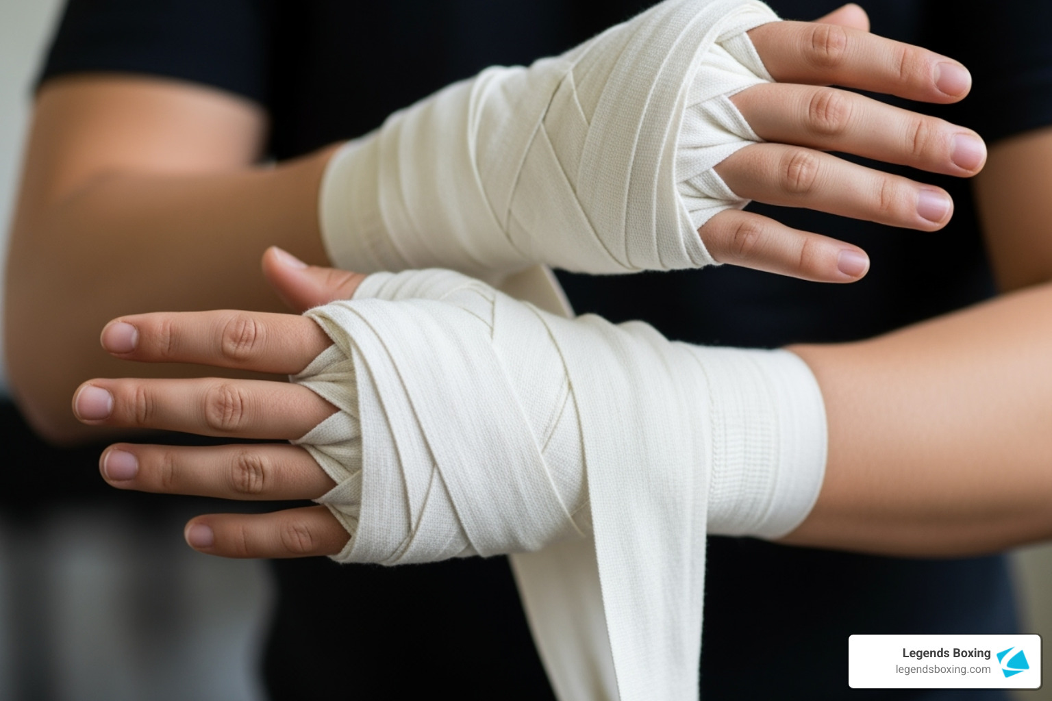 person demonstrating correct hand wrapping - gym with punching bag