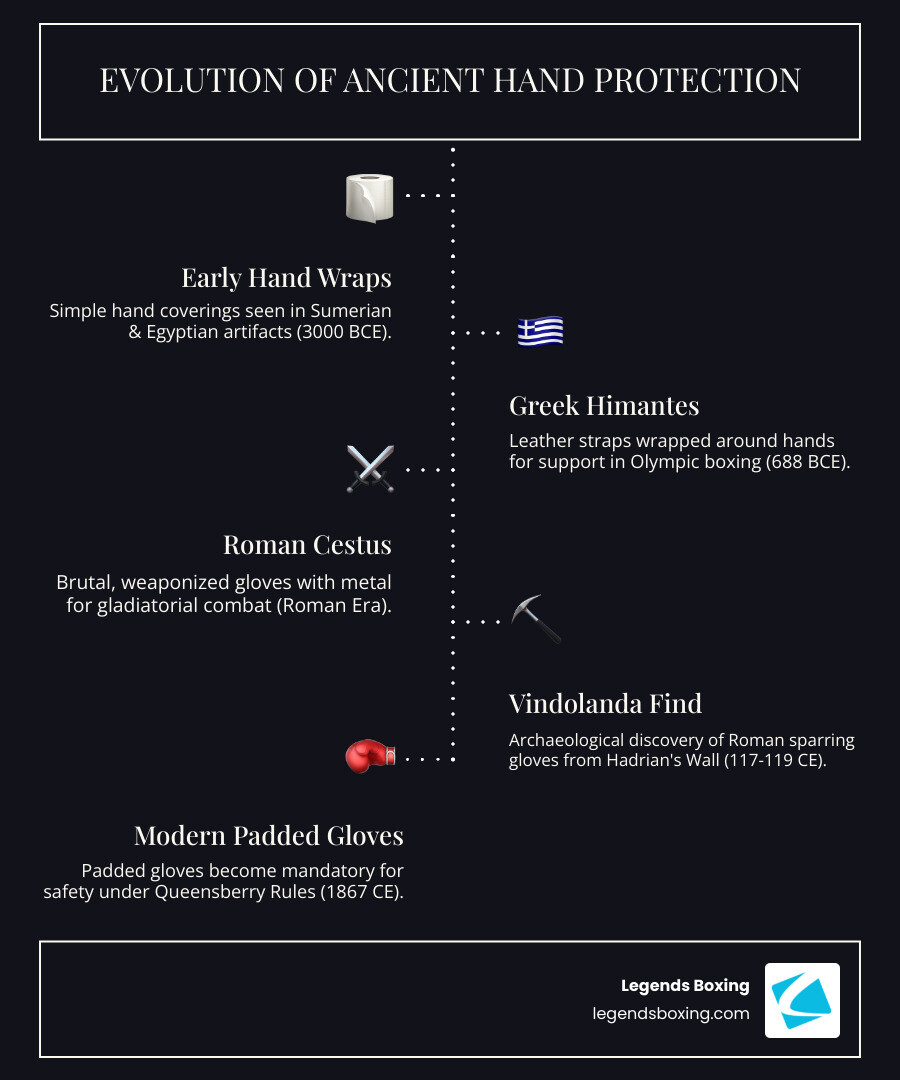 Timeline infographic showing the evolution of ancient boxing gloves from 3000 BCE Sumerian hand wraps through Greek himantes (688 BCE), Roman cestus (100s BCE-CE), to the Vindolanda discovery (117-119 CE) and eventual modern padded gloves (1867 Queensberry Rules) - ancient boxing gloves infographic infographic-line-5-steps-dark Timeline infographic showing the evolution of ancient boxing gloves from 3000 BCE Sumerian hand wraps through Greek himantes (688 BCE), Roman cestus (100s BCE-CE), to the Vindolanda discovery (117-119 CE) and eventual modern padded gloves (1867 Queensberry Rules) - ancient boxing gloves infographic infographic-line-5-steps-dark