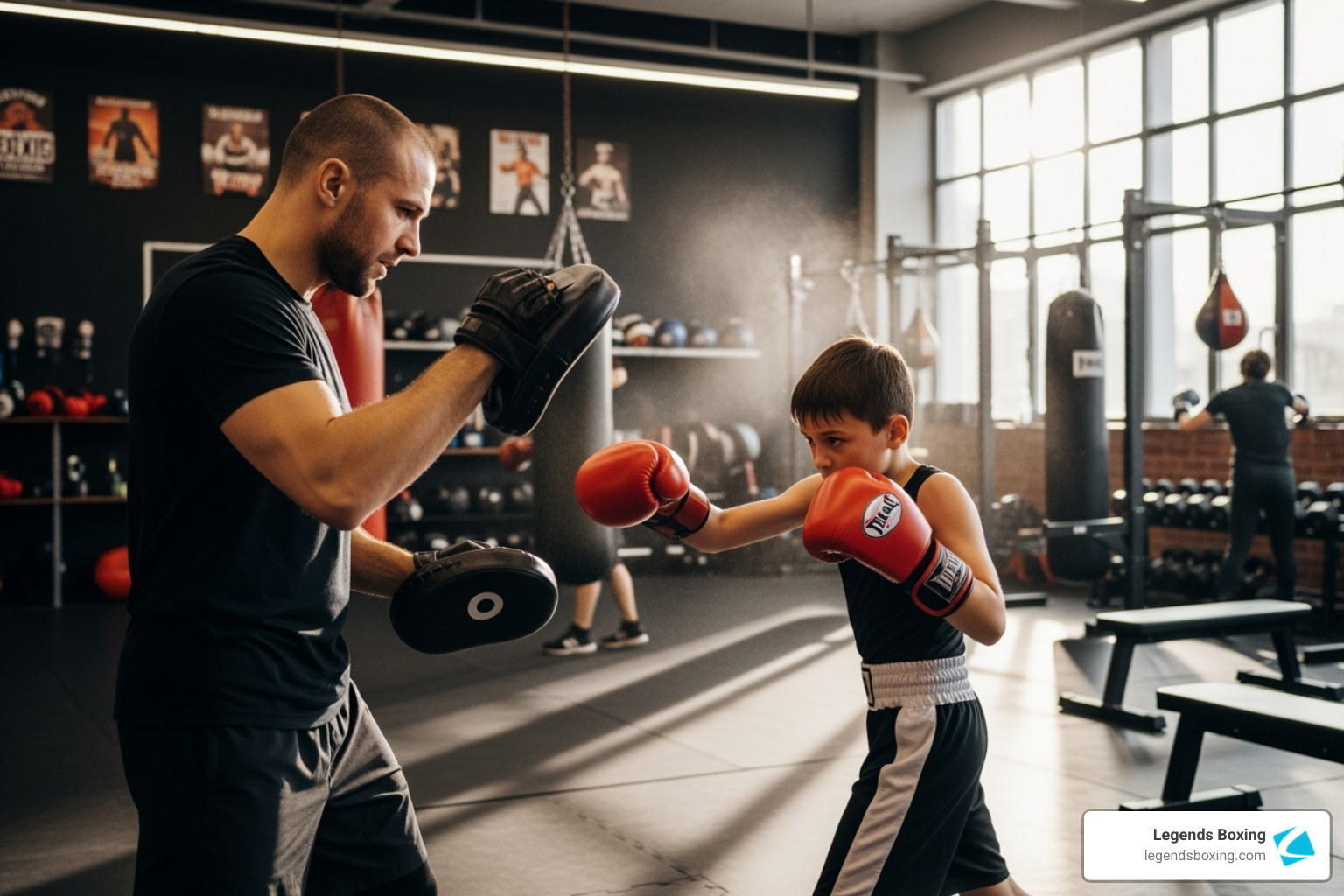 coach holding mitts for a child - boxing training for kids coach holding mitts for a child - boxing training for kids
