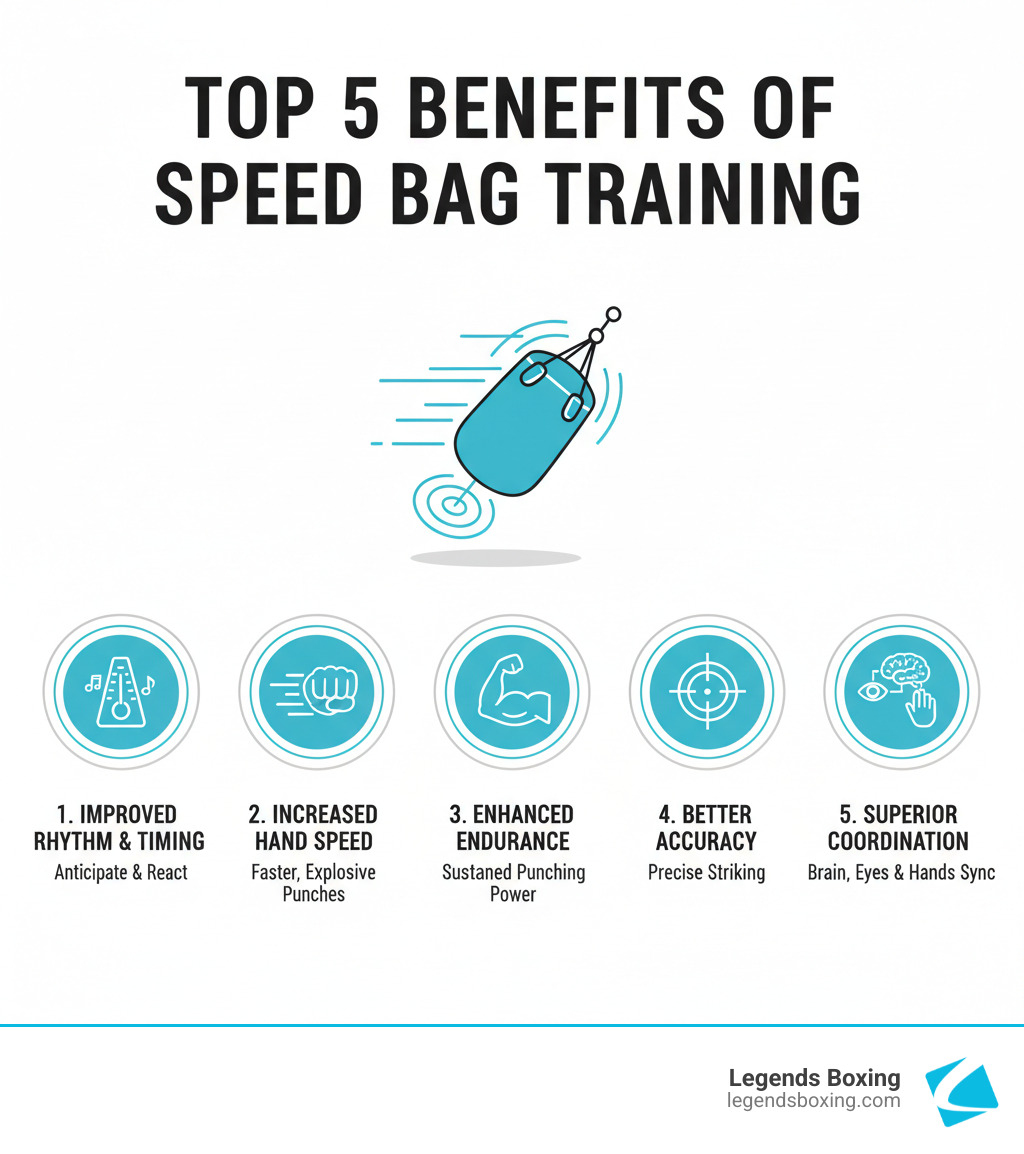 Infographic showing the top 5 benefits of speed bag training: 1. Improved Rhythm and Timing - teaches your body to anticipate and react with precise timing; 2. Increased Hand Speed - builds faster, more explosive punches through repetitive motion; 3. Enhanced Endurance - strengthens shoulders and arms for sustained punching power; 4. Better Accuracy - trains precise striking on a small, moving target; 5. Superior Coordination - synchronizes brain, eyes, and hands for seamless movement - speed bag drill infographic Infographic showing the top 5 benefits of speed bag training: 1. Improved Rhythm and Timing - teaches your body to anticipate and react with precise timing; 2. Increased Hand Speed - builds faster, more explosive punches through repetitive motion; 3. Enhanced Endurance - strengthens shoulders and arms for sustained punching power; 4. Better Accuracy - trains precise striking on a small, moving target; 5. Superior Coordination - synchronizes brain, eyes, and hands for seamless movement - speed bag drill infographic