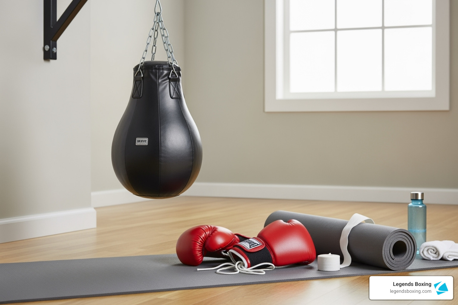 Complete setup including boxing gloves, hand wraps, and a mat beside a punching bag - home gym punching bag Complete setup including boxing gloves, hand wraps, and a mat beside a punching bag - home gym punching bag