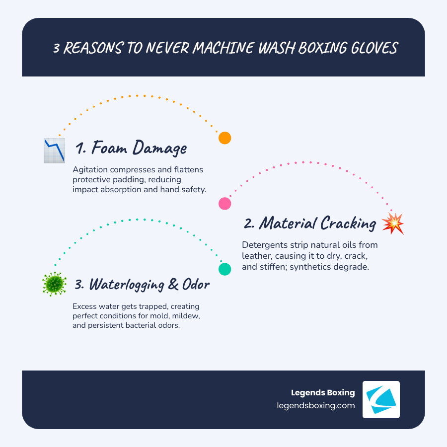 Infographic showing the top 3 reasons not to machine wash boxing gloves: 1. Foam Damage - washing machine agitation compresses protective padding and flattens foam layers, reducing impact absorption. 2. Leather and Material Cracking - detergents strip natural oils from leather causing it to dry out, crack and become stiff; synthetic materials degrade and peel. 3. Waterlogging - gloves absorb excessive water that becomes trapped in padding, creating perfect conditions for mold, mildew and bacteria growth that causes persistent odors. - boxing gloves washing machine infographic infographic-line-3-steps-blues-accent_colors Infographic showing the top 3 reasons not to machine wash boxing gloves: 1. Foam Damage - washing machine agitation compresses protective padding and flattens foam layers, reducing impact absorption. 2. Leather and Material Cracking - detergents strip natural oils from leather causing it to dry out, crack and become stiff; synthetic materials degrade and peel. 3. Waterlogging - gloves absorb excessive water that becomes trapped in padding, creating perfect conditions for mold, mildew and bacteria growth that causes persistent odors. - boxing gloves washing machine infographic infographic-line-3-steps-blues-accent_colors