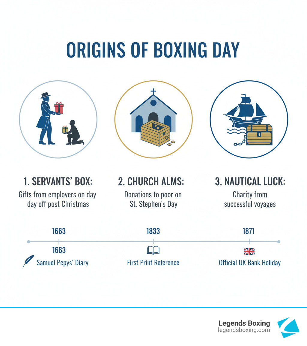 Infographic showing the three main origin theories of Boxing Day: 1) Servants receiving gift boxes from wealthy employers on their day off after Christmas, 2) Churches opening alms boxes collected throughout the year to distribute to the poor on St. Stephen's Day, 3) Ships carrying sealed boxes of money for luck, opened after successful voyages to donate to charity. Timeline showing 1663 (Samuel Pepys diary mention), 1833 (first print reference), and 1871 (official UK bank holiday). - what is the history of boxing day infographic 