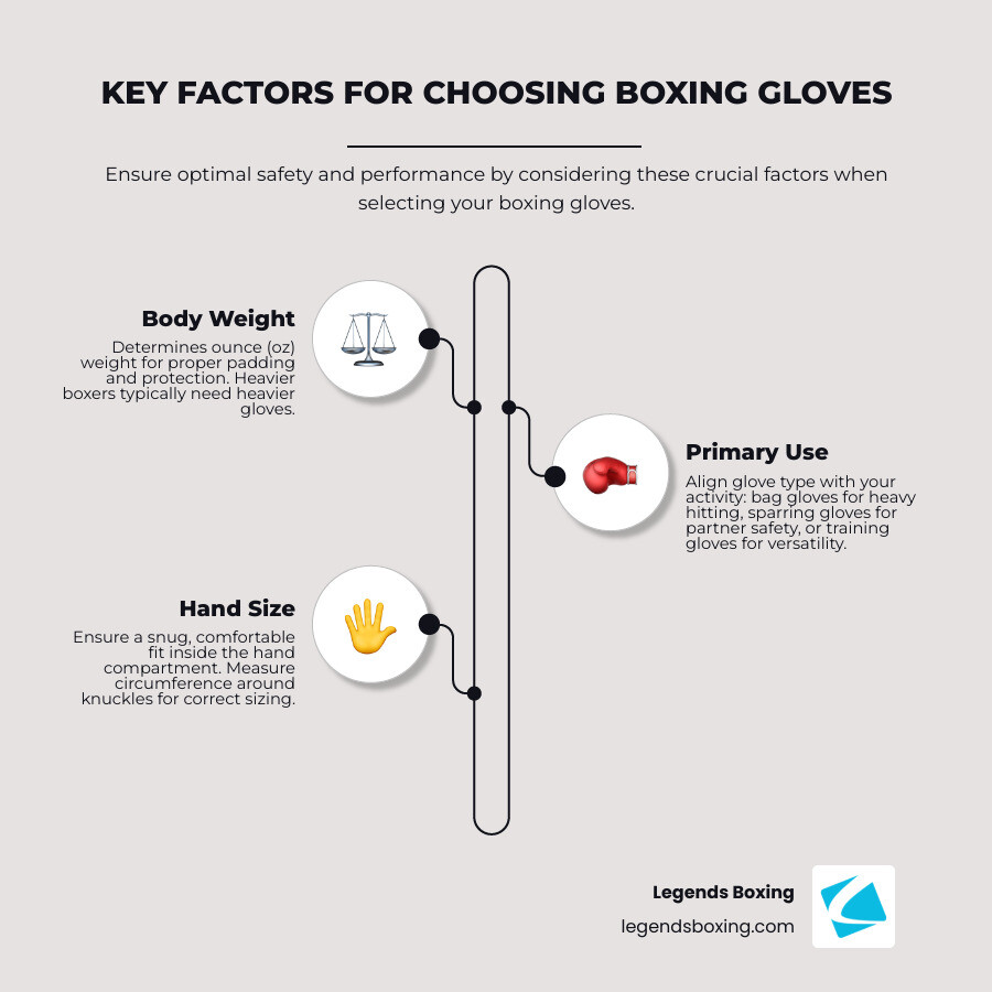 Infographic showing the three key factors for choosing boxing gloves: Body Weight (ranging from under 100 lbs to over 175 lbs with corresponding glove weights), Primary Use (bag work, training, sparring with different padding requirements), and Hand Size (measuring hand circumference around knuckles for proper fit) - boxing glove sizes infographic infographic-line-3-steps-neat_beige Infographic showing the three key factors for choosing boxing gloves: Body Weight (ranging from under 100 lbs to over 175 lbs with corresponding glove weights), Primary Use (bag work, training, sparring with different padding requirements), and Hand Size (measuring hand circumference around knuckles for proper fit) - boxing glove sizes infographic infographic-line-3-steps-neat_beige