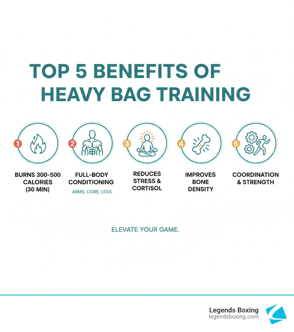 Infographic showing the top 5 benefits of heavy bag training: 1. Burns 300-500 calories per 30-minute session, 2. Provides full-body conditioning engaging arms, shoulders, back, core, and legs, 3. Reduces stress while releasing endorphins and reducing cortisol, 4. Improves bone mineral density through impact forces, 5. Develops coordination and functional strength through kinetic chain movements - heavy bag combinations infographic Infographic showing the top 5 benefits of heavy bag training: 1. Burns 300-500 calories per 30-minute session, 2. Provides full-body conditioning engaging arms, shoulders, back, core, and legs, 3. Reduces stress while releasing endorphins and reducing cortisol, 4. Improves bone mineral density through impact forces, 5. Develops coordination and functional strength through kinetic chain movements - heavy bag combinations infographic