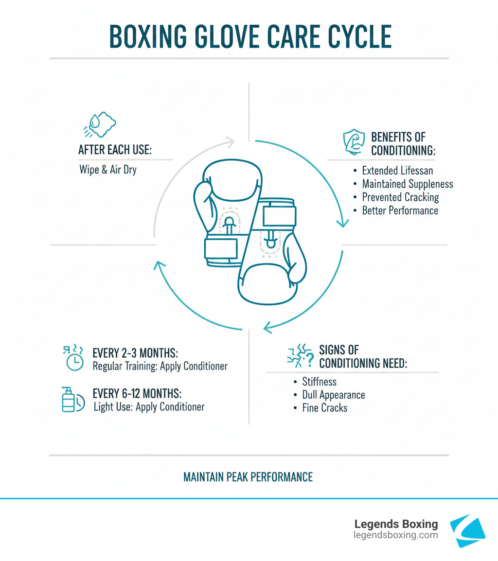 Infographic showing the boxing glove care cycle: after each use wipe down exterior and air dry, every 2-3 months for regular training apply leather conditioner, every 6-12 months for light use apply leather conditioner, signs of needed conditioning include stiffness dull appearance and fine cracks, benefits of conditioning include extended lifespan maintained suppleness prevented cracking and better performance - leather conditioner for boxing gloves infographic Infographic showing the boxing glove care cycle: after each use wipe down exterior and air dry, every 2-3 months for regular training apply leather conditioner, every 6-12 months for light use apply leather conditioner, signs of needed conditioning include stiffness dull appearance and fine cracks, benefits of conditioning include extended lifespan maintained suppleness prevented cracking and better performance - leather conditioner for boxing gloves infographic