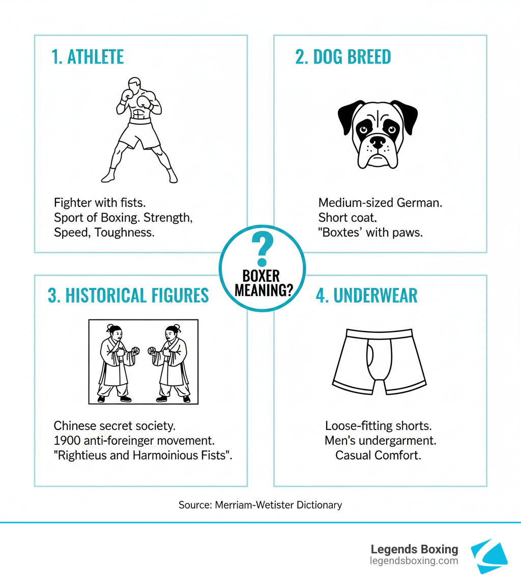 Infographic showing four quadrants: Top left shows a boxer athlete in fighting stance, top right shows a Boxer dog, bottom left shows a historical illustration of Chinese Boxers, and bottom right shows boxer shorts. Each quadrant is labeled with its definition and key characteristics - boxer meaning infographic Infographic showing four quadrants: Top left shows a boxer athlete in fighting stance, top right shows a Boxer dog, bottom left shows a historical illustration of Chinese Boxers, and bottom right shows boxer shorts. Each quadrant is labeled with its definition and key characteristics - boxer meaning infographic