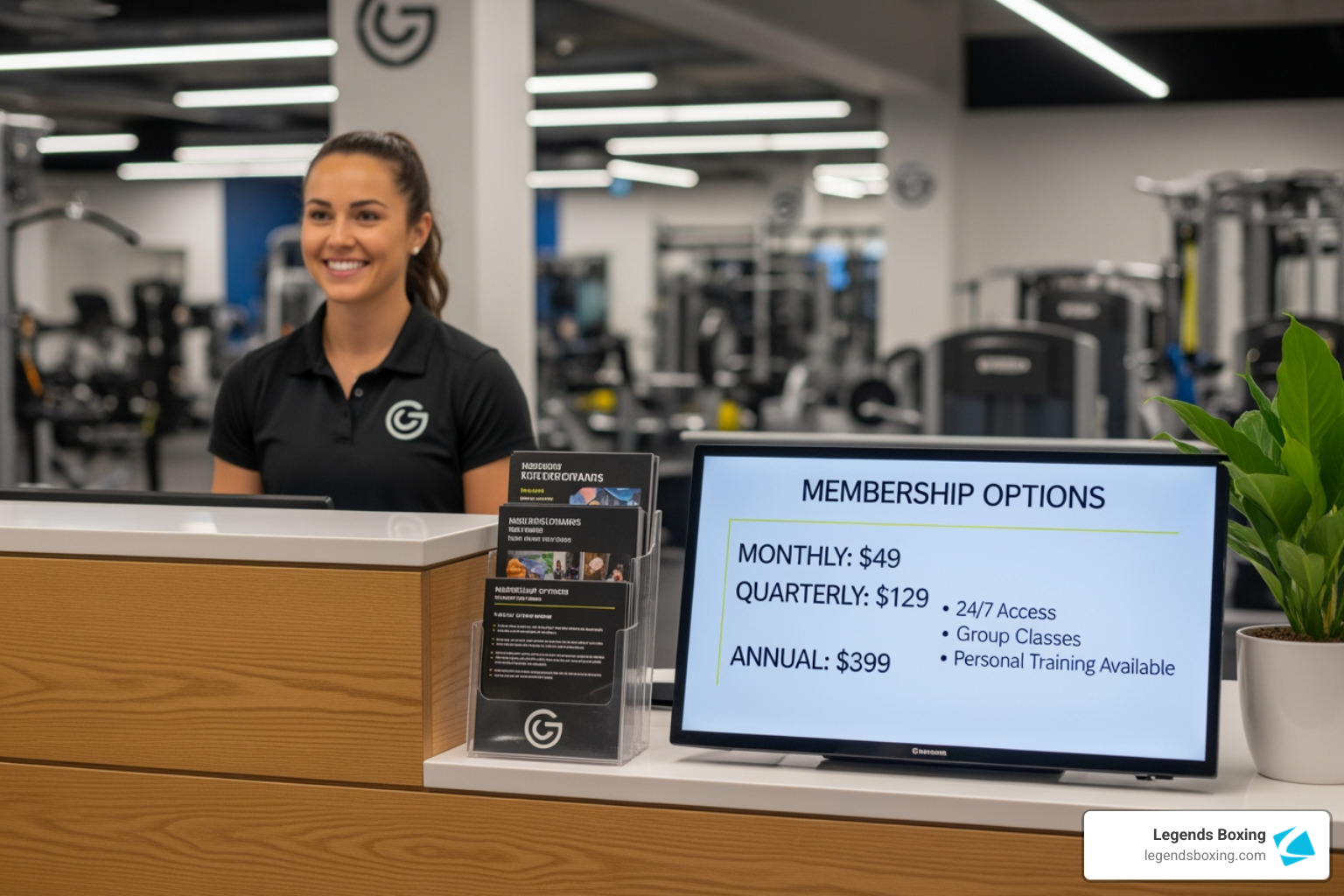 A gym's front desk with membership info visible - boxing gym near me A gym's front desk with membership info visible - boxing gym near me
