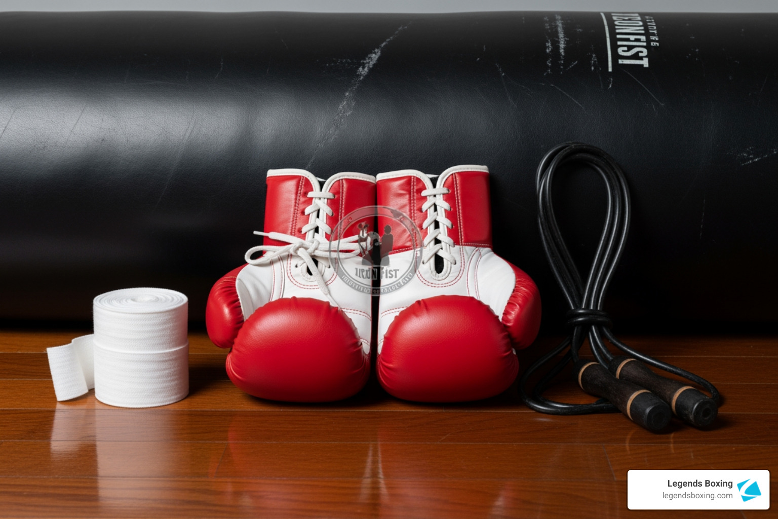 essential boxing fitness equipment laid out (gloves, hand wraps, jump rope, heavy bag) - boxing training for fitness