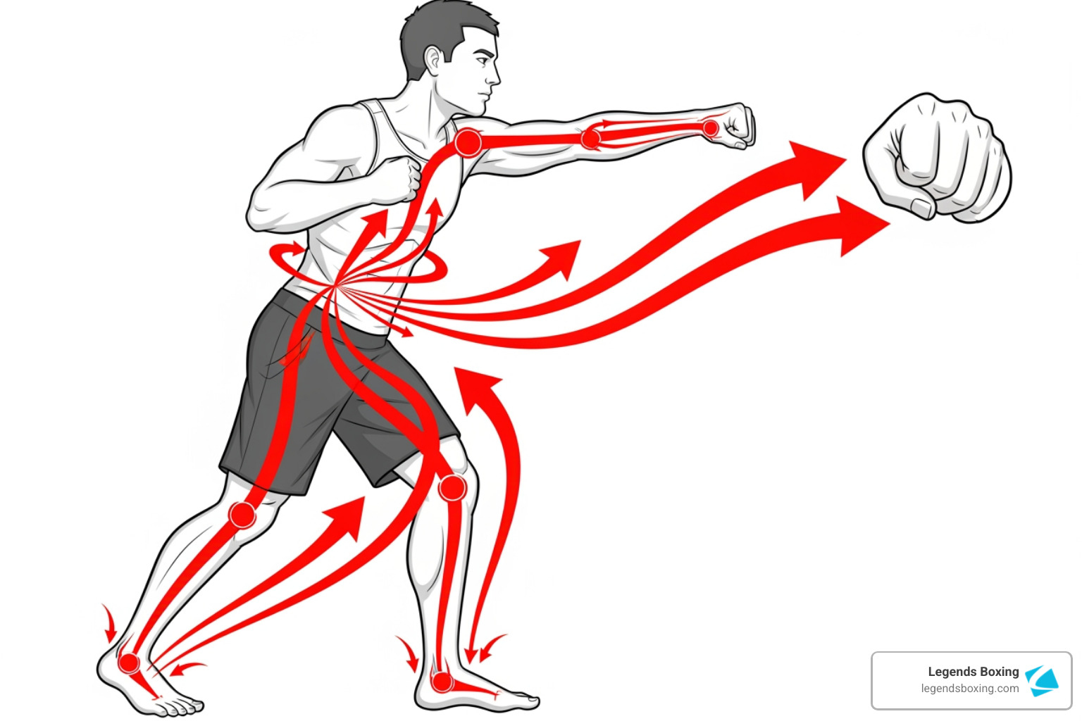 Illustration showing kinetic chain from feet through core to fist for a punch - boxing training for fitness