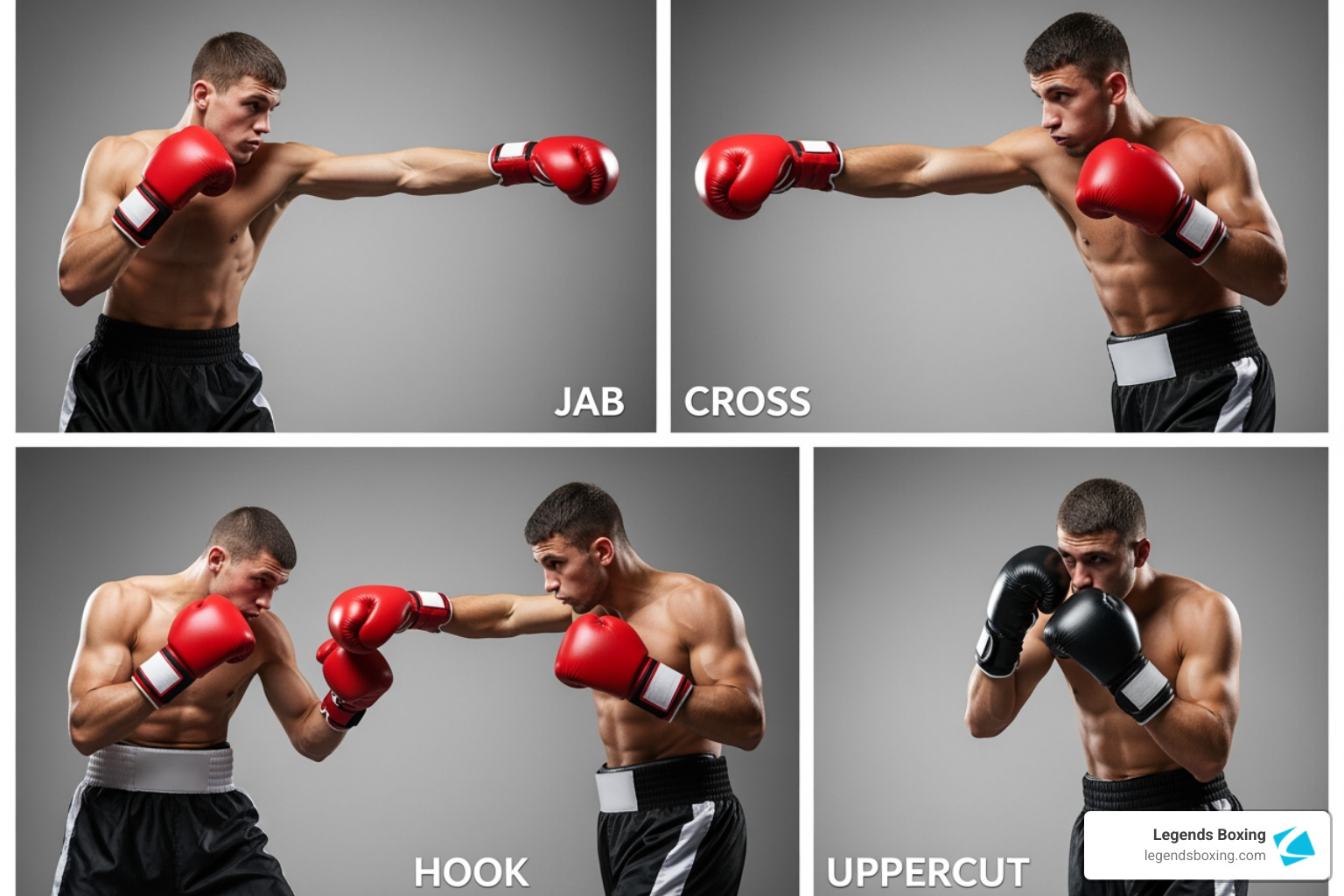 A collage showing the four primary punch types: jab, cross, hook, and uppercut - types of punches