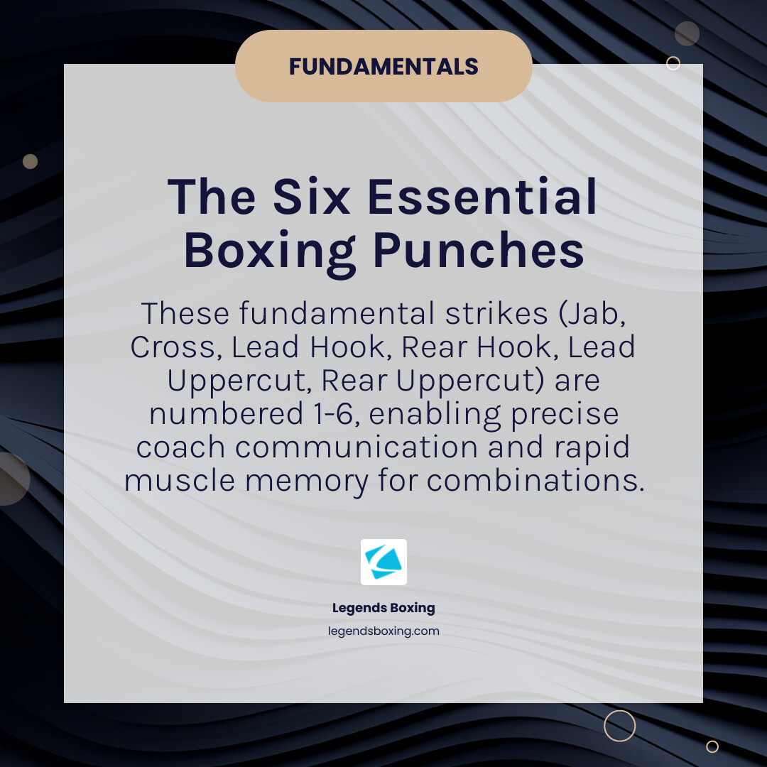 infographic showing six numbered boxing punches on a boxer's silhouette with 1-Jab, 2-Cross, 3-Lead Hook, 4-Rear Hook, 5-Lead Uppercut, and 6-Rear Uppercut labeled with arrows pointing to punch trajectories - types of punches infographic simple-info-card-dark