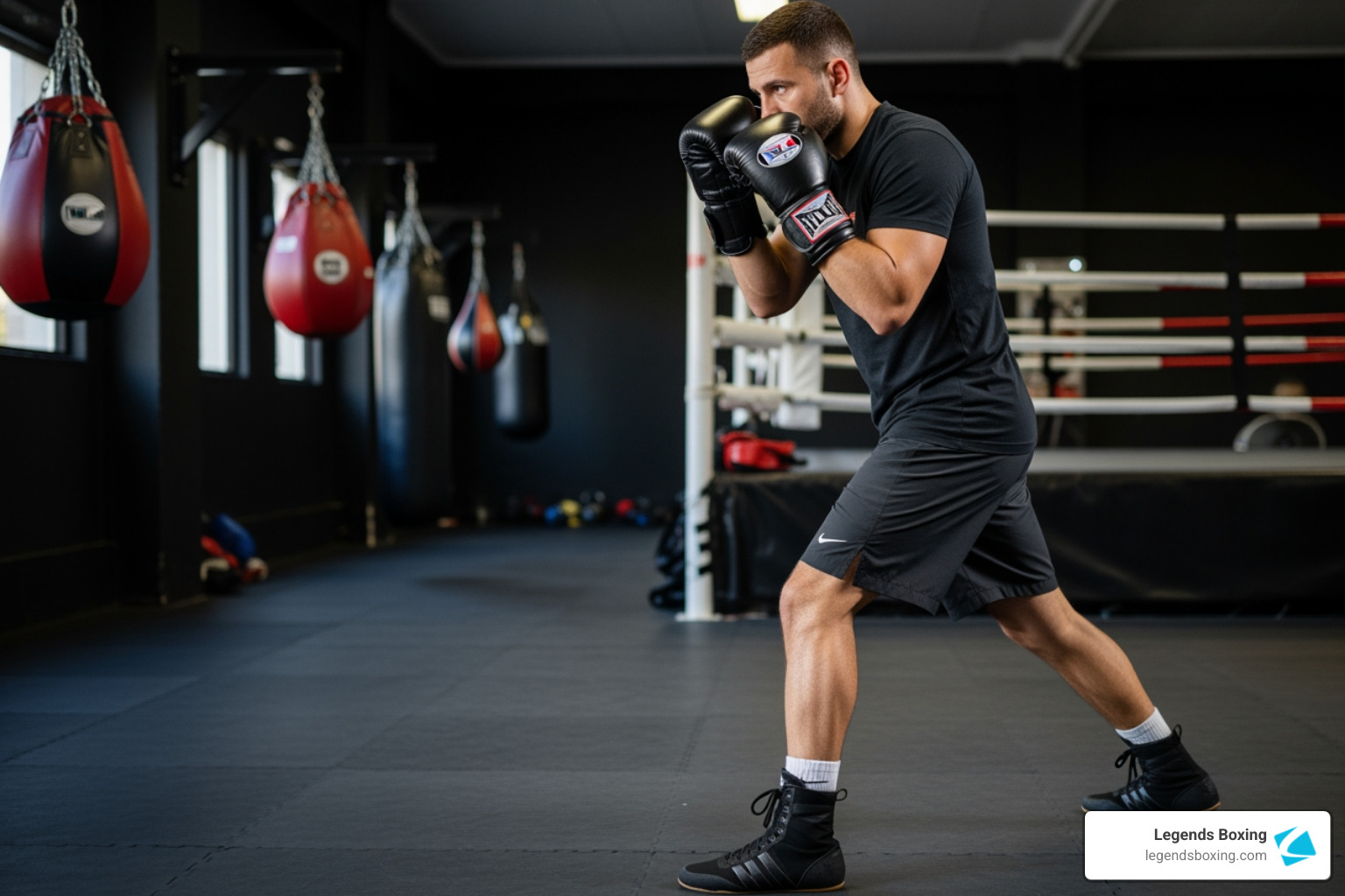 A boxer demonstrating the correct orthodox stance with feet, hips, and guard position highlighted - types of punches