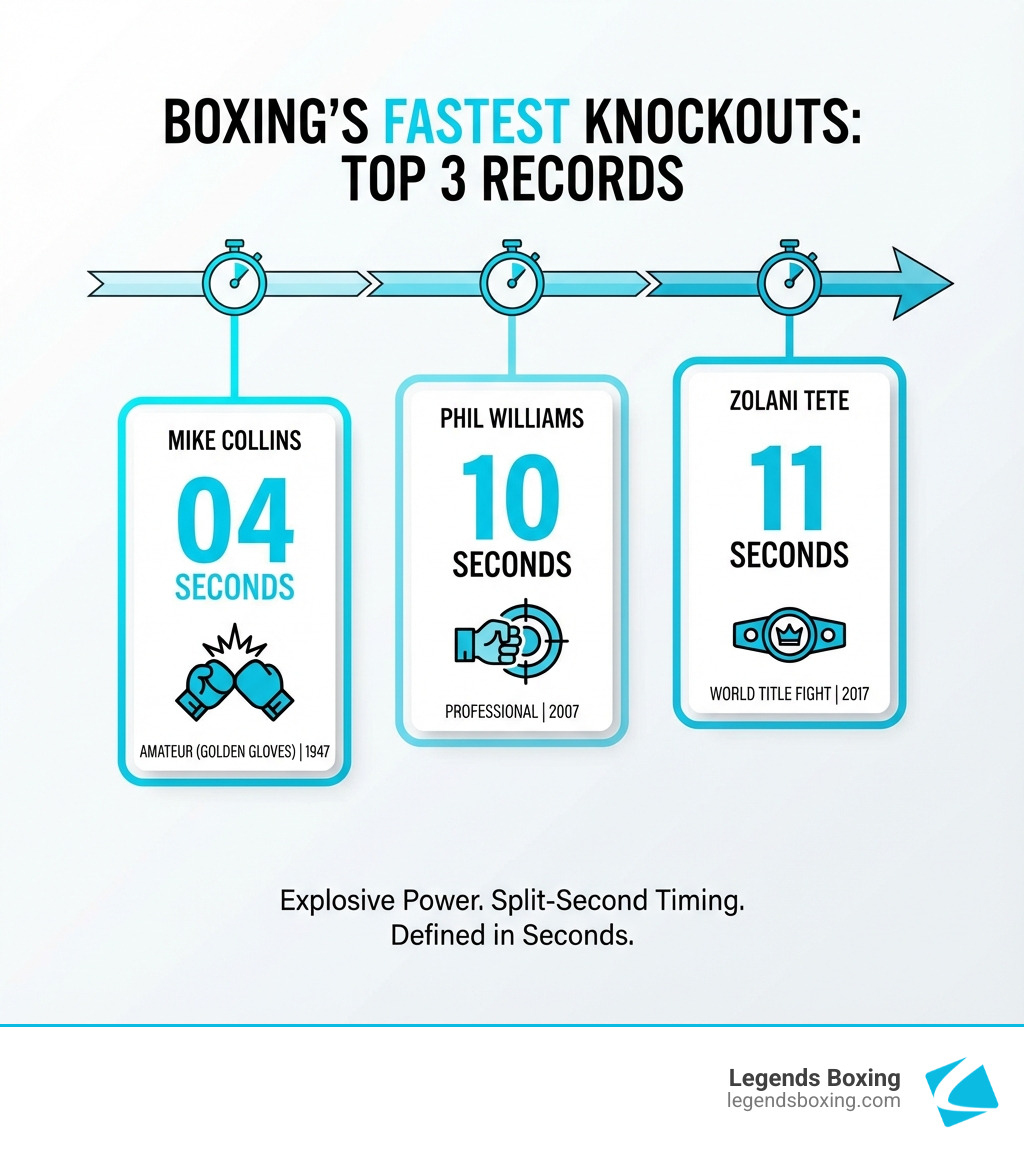 Infographic showing the top 3 fastest boxing knockouts: Mike Collins (4 seconds, 1947 Amateur), Phil Williams (10 seconds, 2007 Professional), and Zolani Tete (11 seconds, 2017 World Title) - what is the fastest ko in boxing history infographic 