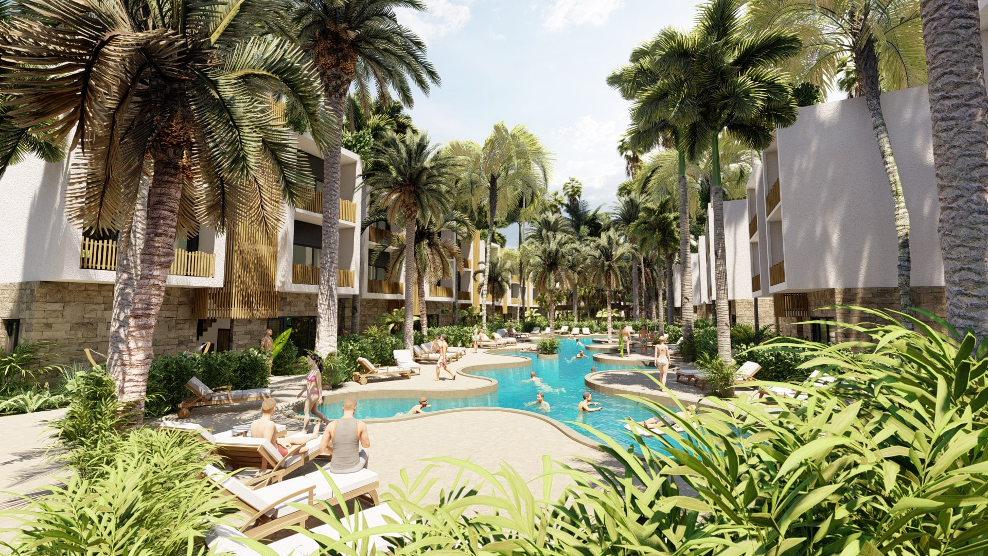 A view down a tropical path at the VELA resort, with a winding pool in the center and contemporary buildings with private balconies on either side, all shaded by tall palm trees.