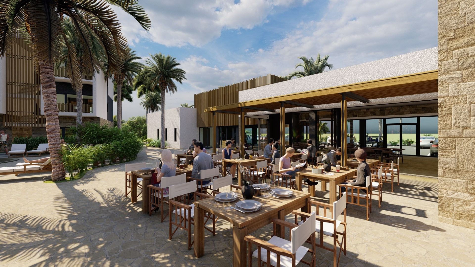 A wide shot of the VELA resort's outdoor dining area on a sunny day, showing a restaurant patio with a modern, open-air design, wooden tables and chairs, and guests enjoying a meal.