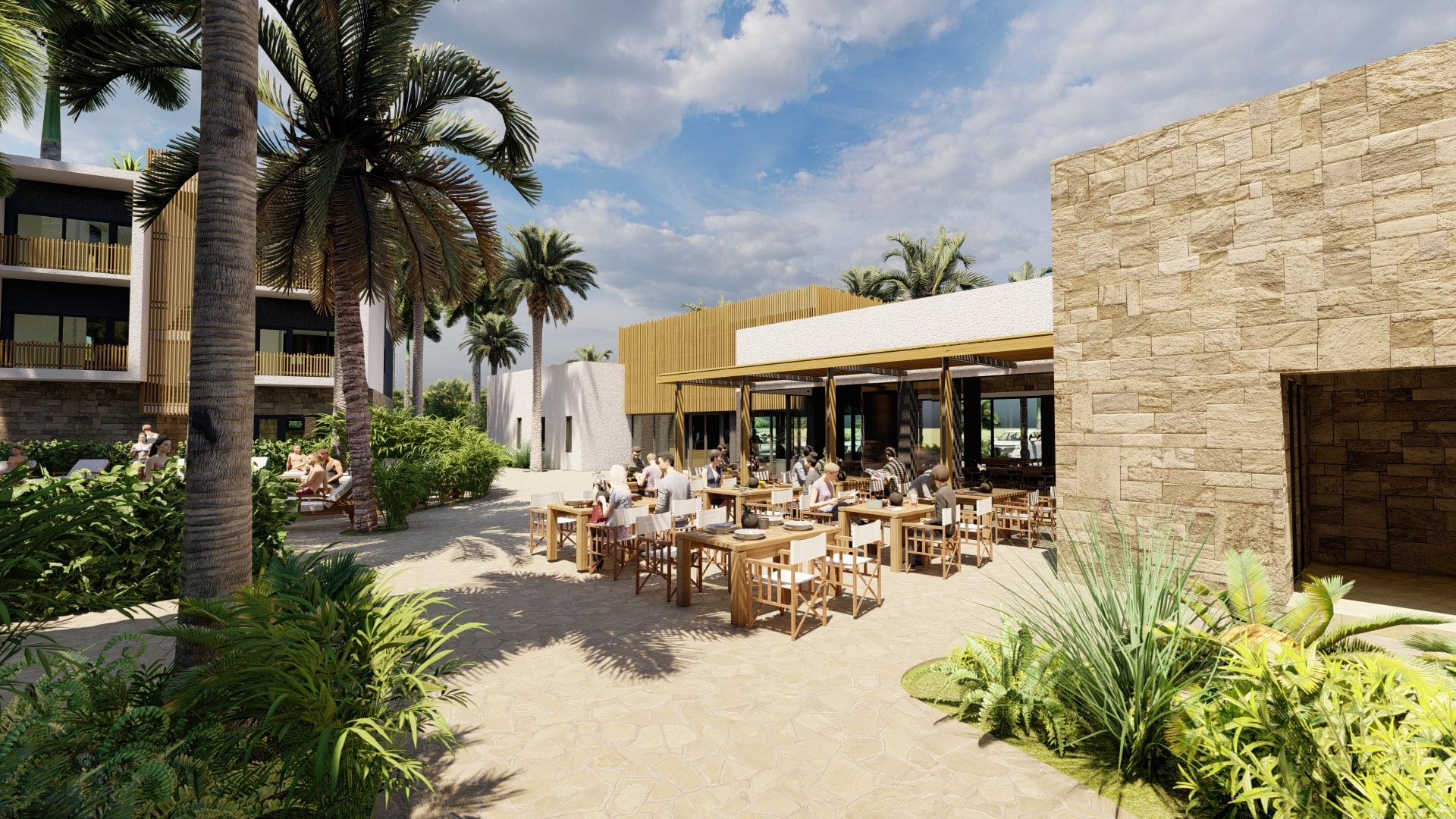 A view of the outdoor restaurant patio at the VELA resort, with guests seated at tables and surrounded by a mix of modern stone architecture and tropical plants.