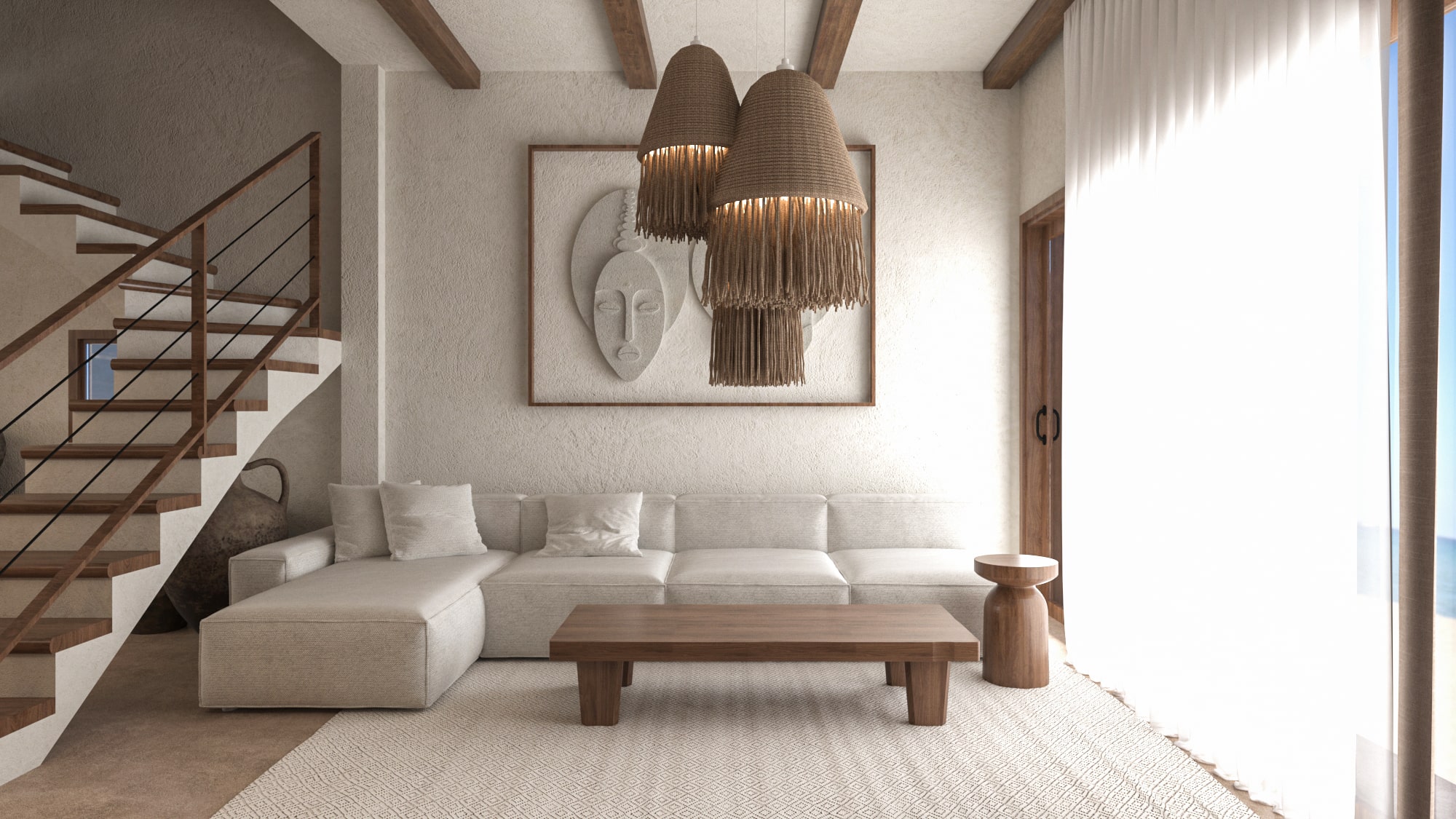 Bright and airy living room seating area in Asili Luxury Penthouse Zanzibar, featuring a large white sectional sofa, wooden coffee table, and framed textured relief art.