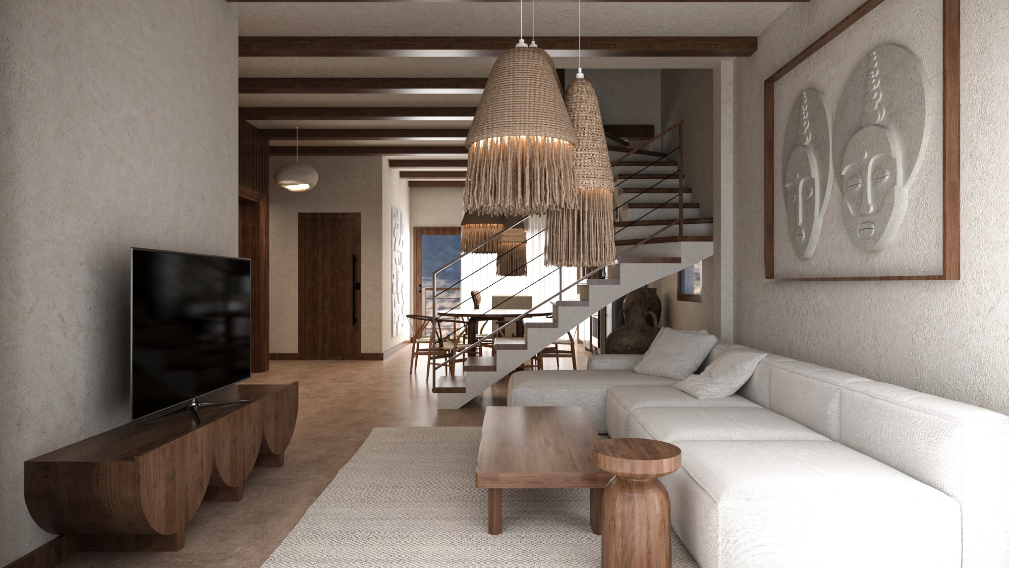 Spacious open-concept main floor of Asili Luxury Penthouse, showcasing the flow between the living room, dining area, and the modern wooden and metal staircase.