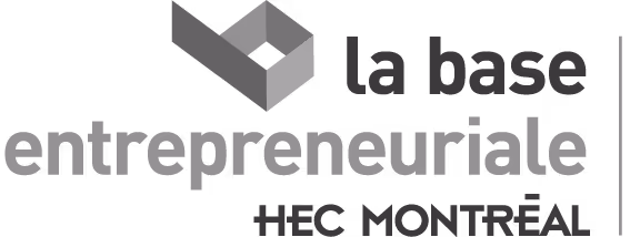 Logo for La Base Entrepreneuriale HEC Montréal with geometric icon and text in grayscale.