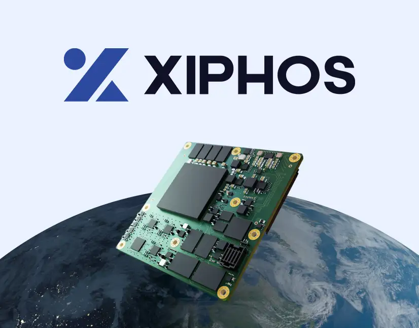 Xiphos Systems spaceflight computer and logo in the project's website and branding portfolio thumbnail.