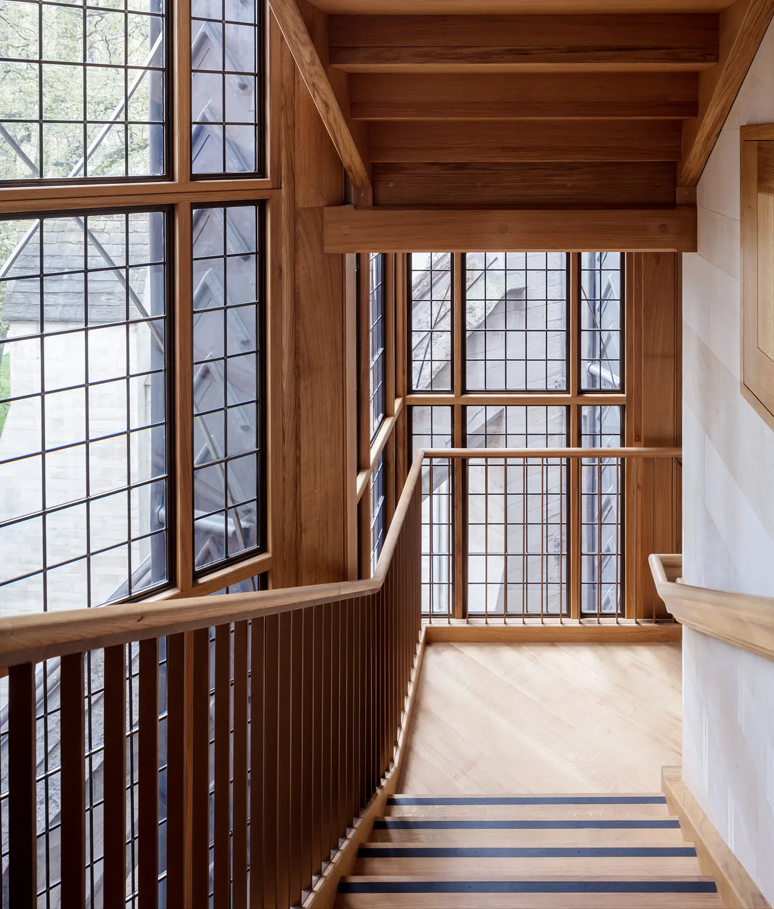 View down a timber staircase