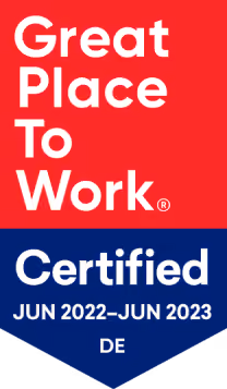 A blue and red logo for Place to Work Certified.