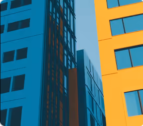 Financial banking building with blue and yellow colors