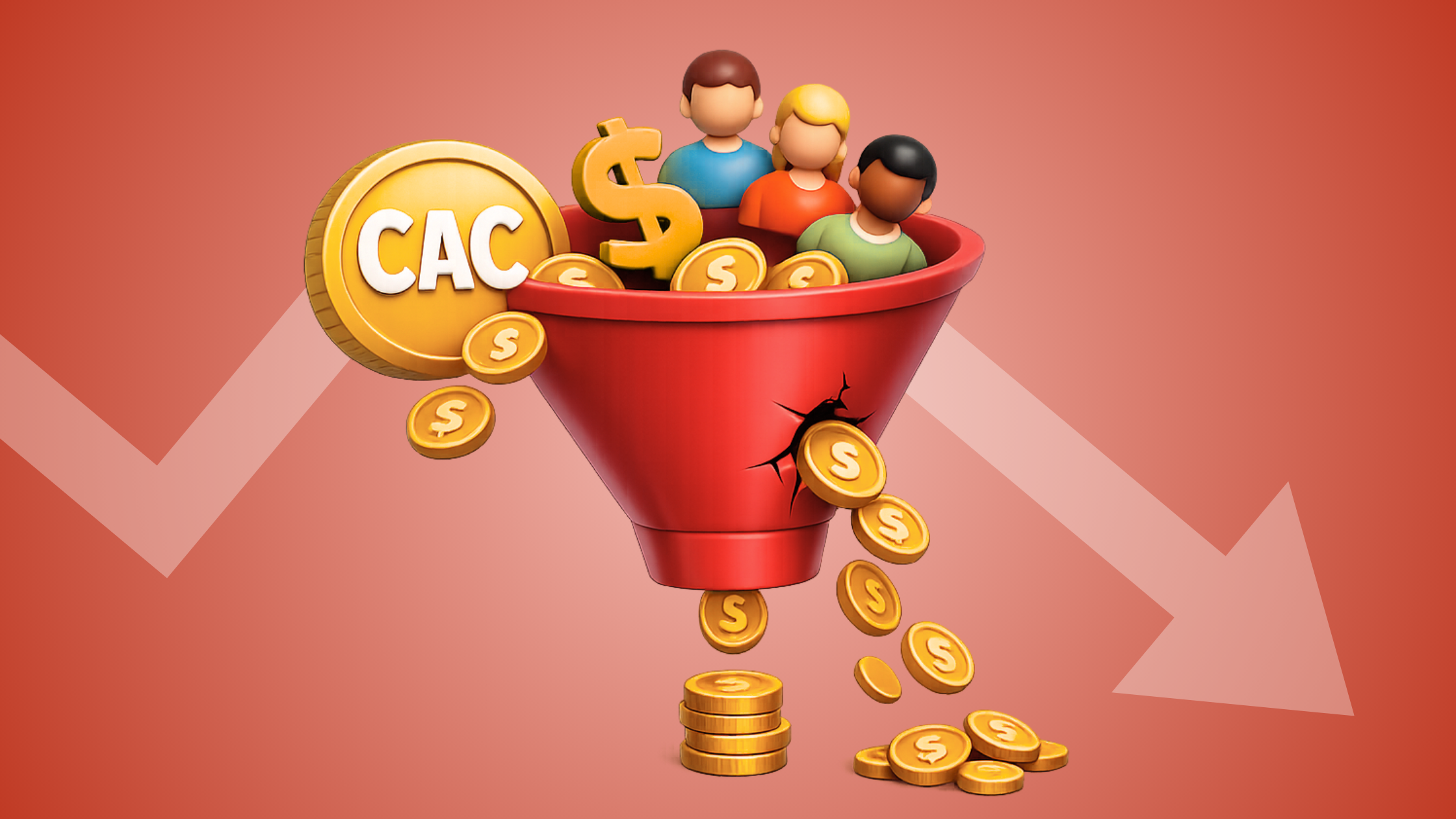 Customer acquisition cost (CAC) funnel illustration showing customers entering a marketing funnel while revenue leaks out through a crack, representing how improving CAC metrics can mask declining acquisition efficiency and business performance.