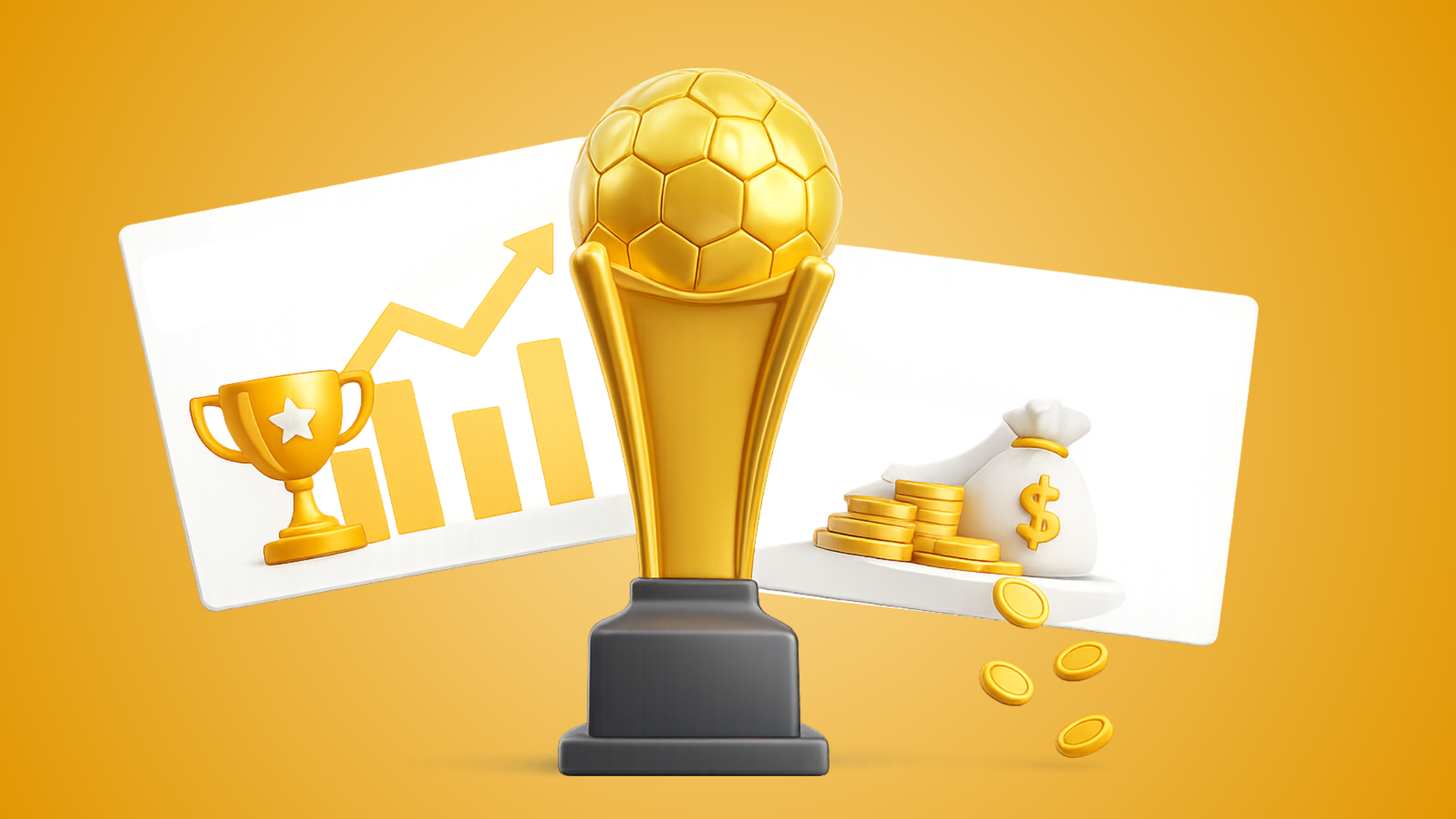 3D illustration representing paid media strategy during FIFA World Cup 2026, featuring the FIFA World Cup trophy, a rising performance chart, and a money bag symbolising advertising efficiency and budget optimisation.