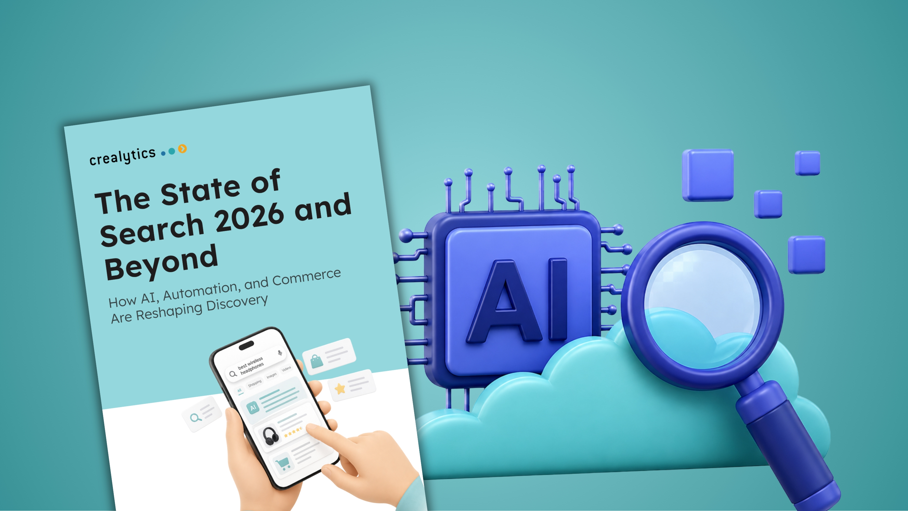Illustration representing the future of search, showing AI-powered search, zero-click search, ecommerce discovery, and search marketing through a report cover, AI processor, magnifying glass, and mobile search interface.