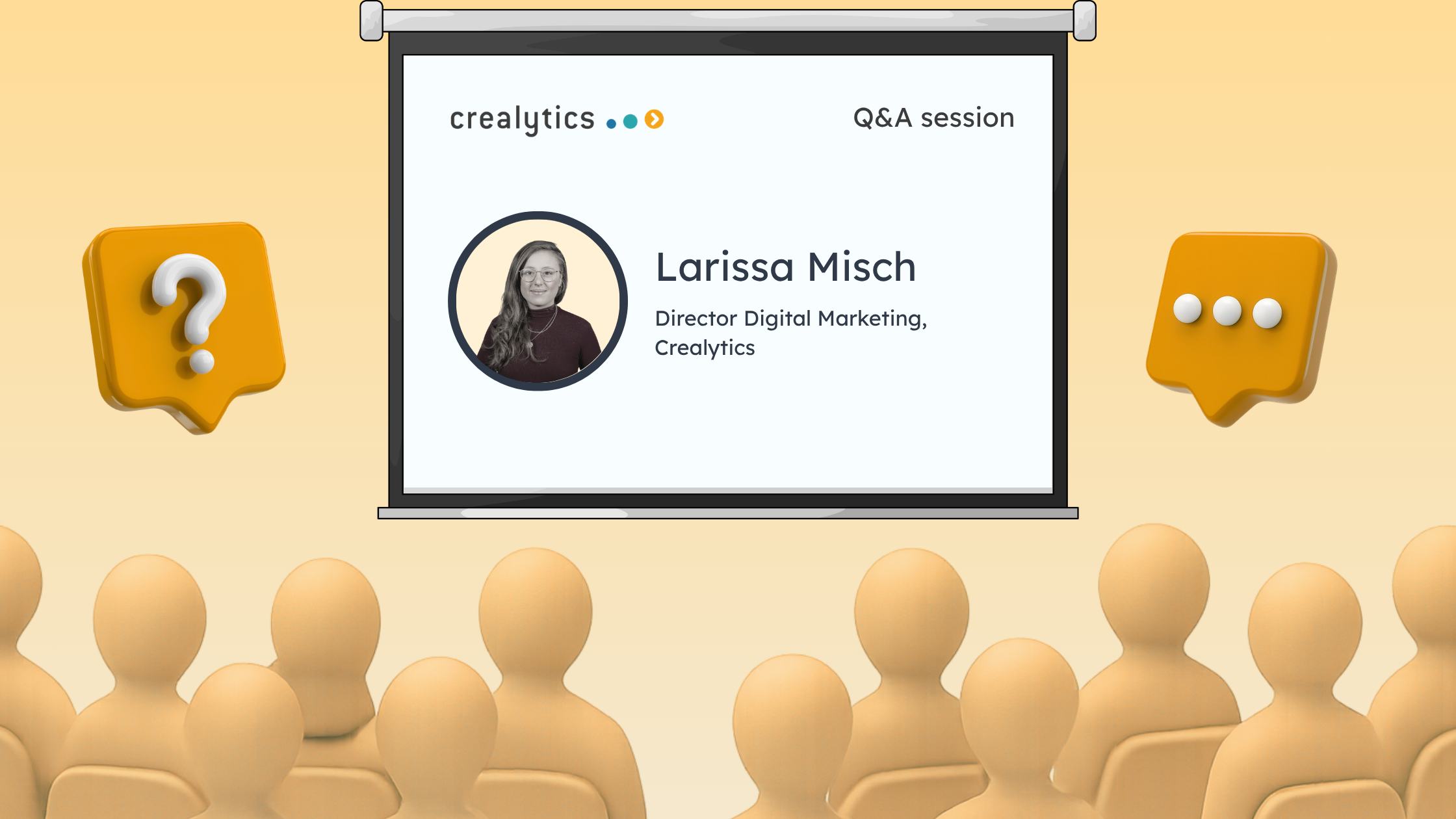 Illustration of a Crealytics Q&A session featuring Larissa Misch, Director of Digital Marketing, discussing how DTC brands can integrate Paid Search and Paid Social to improve cross-channel performance and growth.