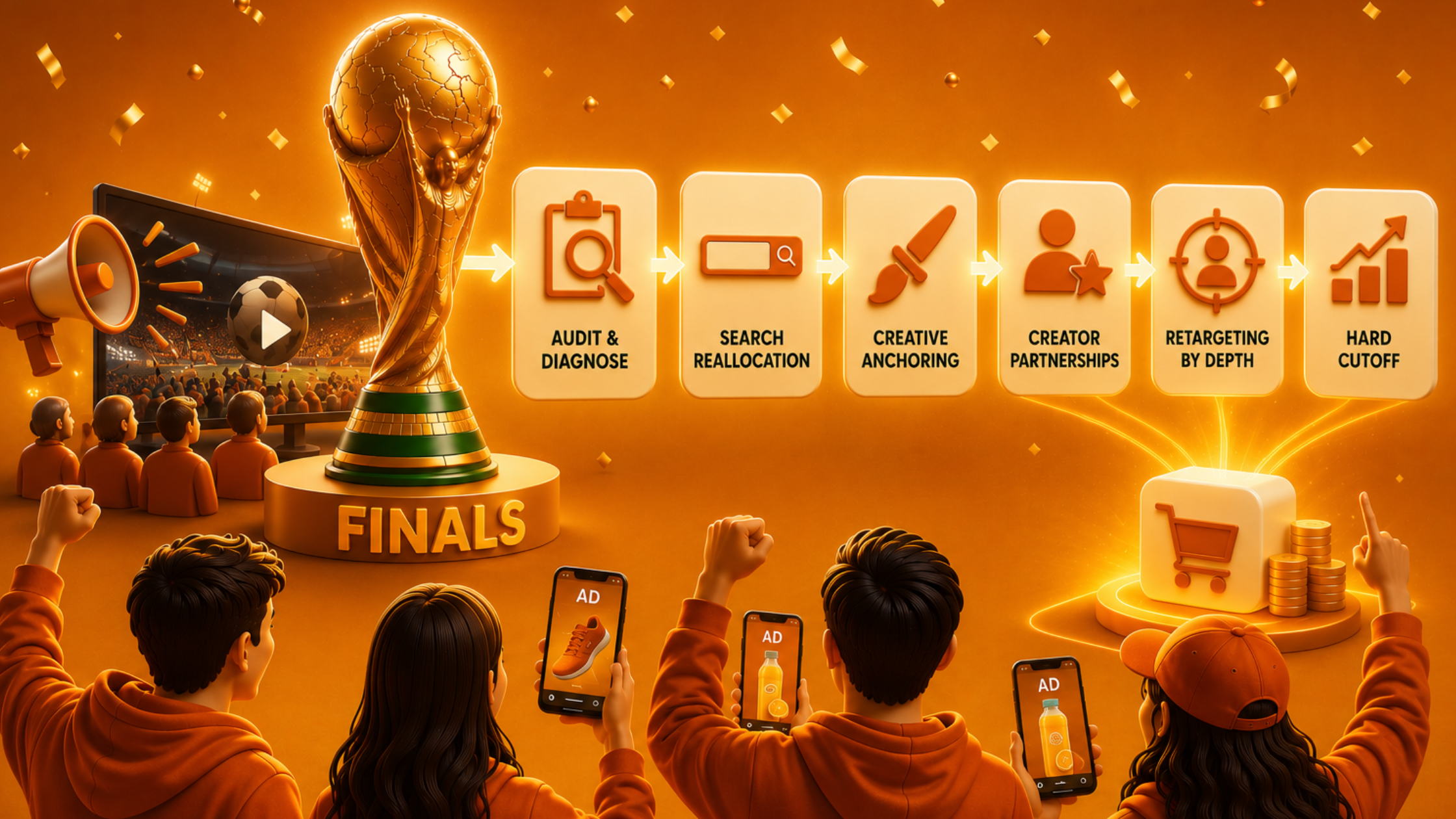 3D illustration of the FIFA World Cup trophy representing the tournament finals, surrounded by fans watching on mobile devices and a stadium screen. A performance marketing workflow highlights key strategies including campaign audit, search budget reallocation, creative optimization, creator partnerships, audience retargeting, and budget cutoffs, leading to ecommerce growth and increased sales during major sporting events.