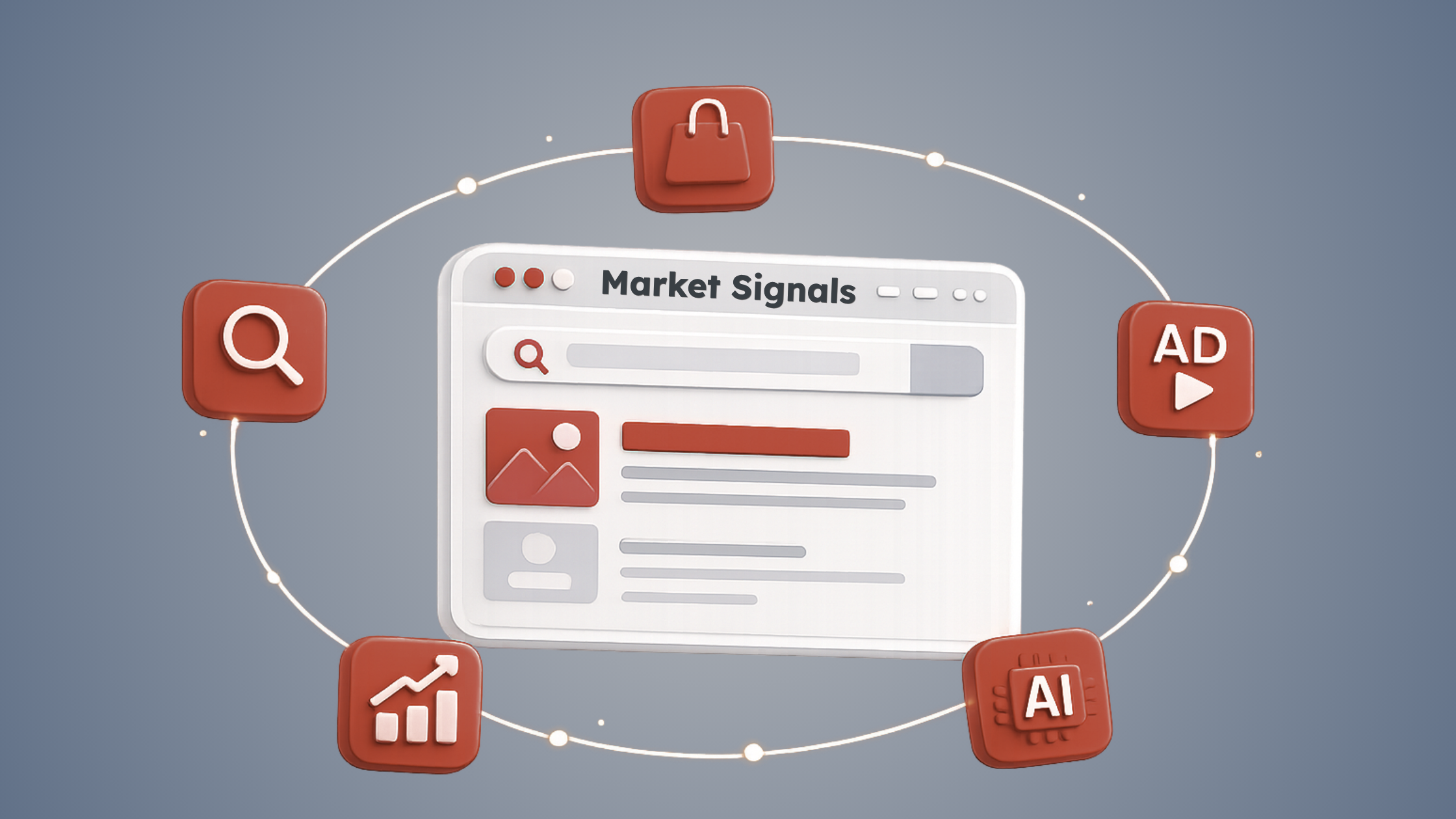 3D illustration of a web browser surrounded by icons representing AI, search, digital advertising, analytics, and social commerce, highlighting the evolving paid media ecosystem.