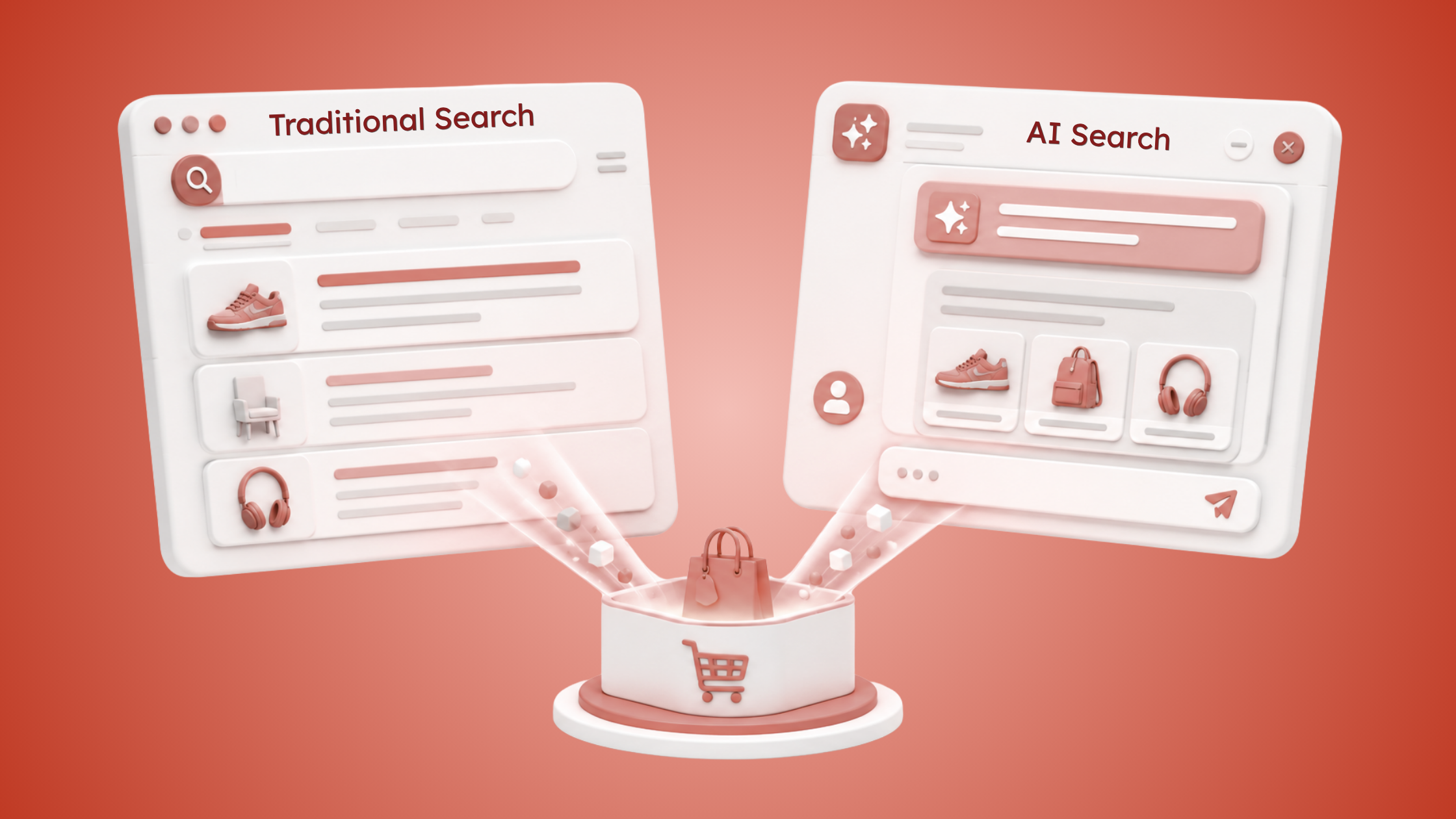 3D illustration comparing AI search and traditional search, showing both discovery channels leading customers to the same online purchase, highlighting how AI assistants and search engines support the modern customer journey.
