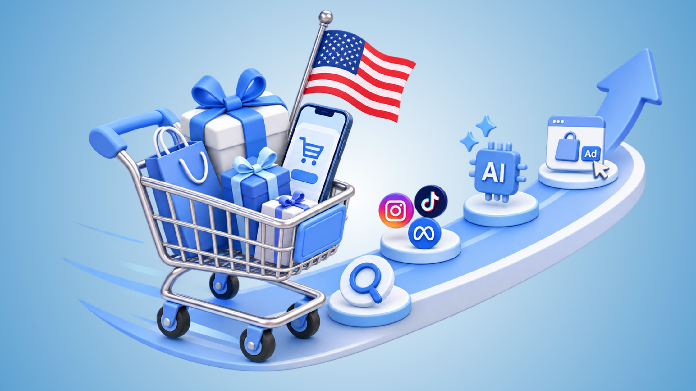 3D illustration of U.S. holiday shopping with a gift-filled cart, American flag, mobile commerce, search, social media, AI and paid advertising icons.