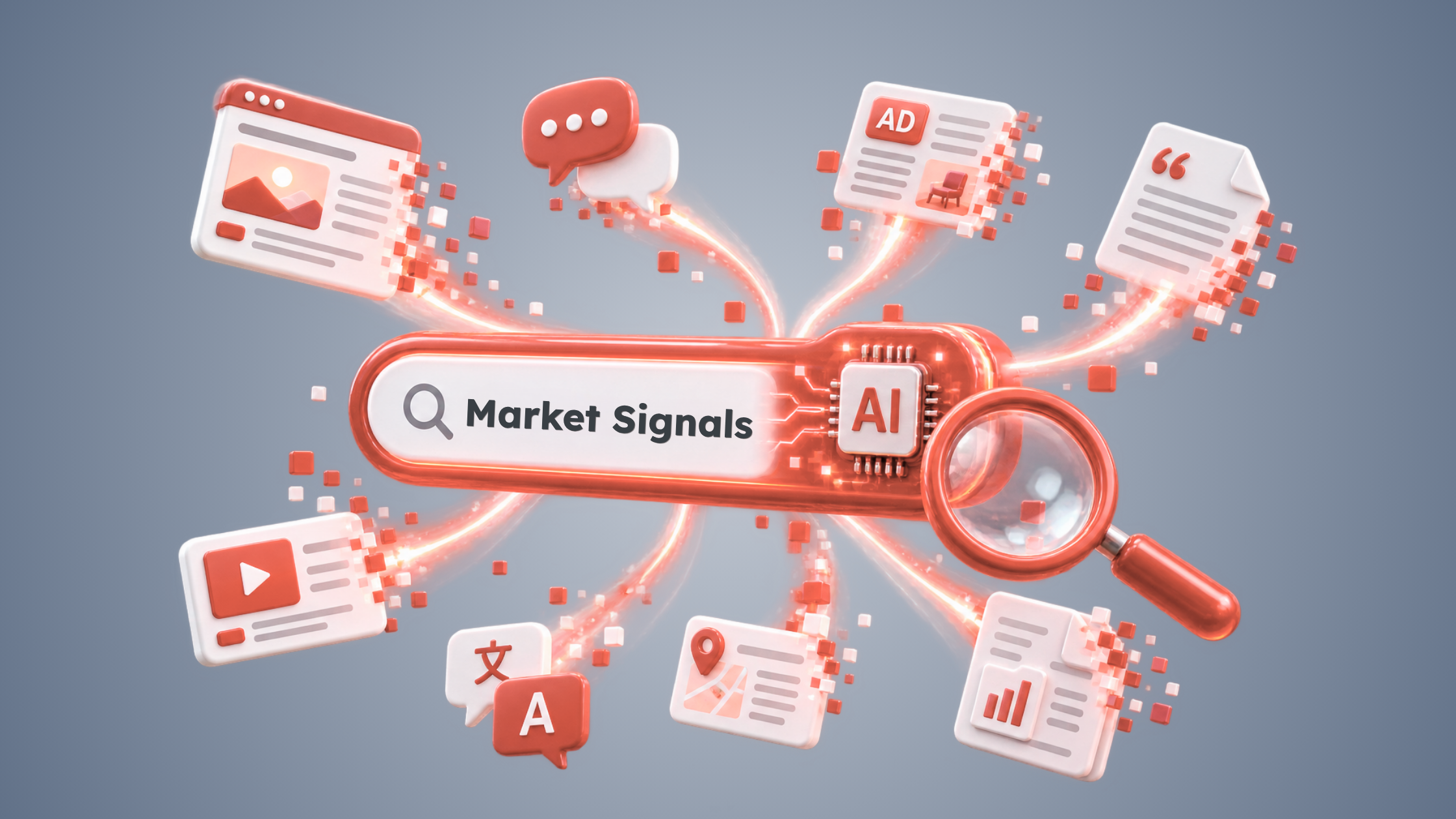 3D red and white illustration of a Market Signals search bar with an AI chip and magnifying glass, surrounded by floating content, ad, language, citation, video, and analytics cards flowing into the search interface.