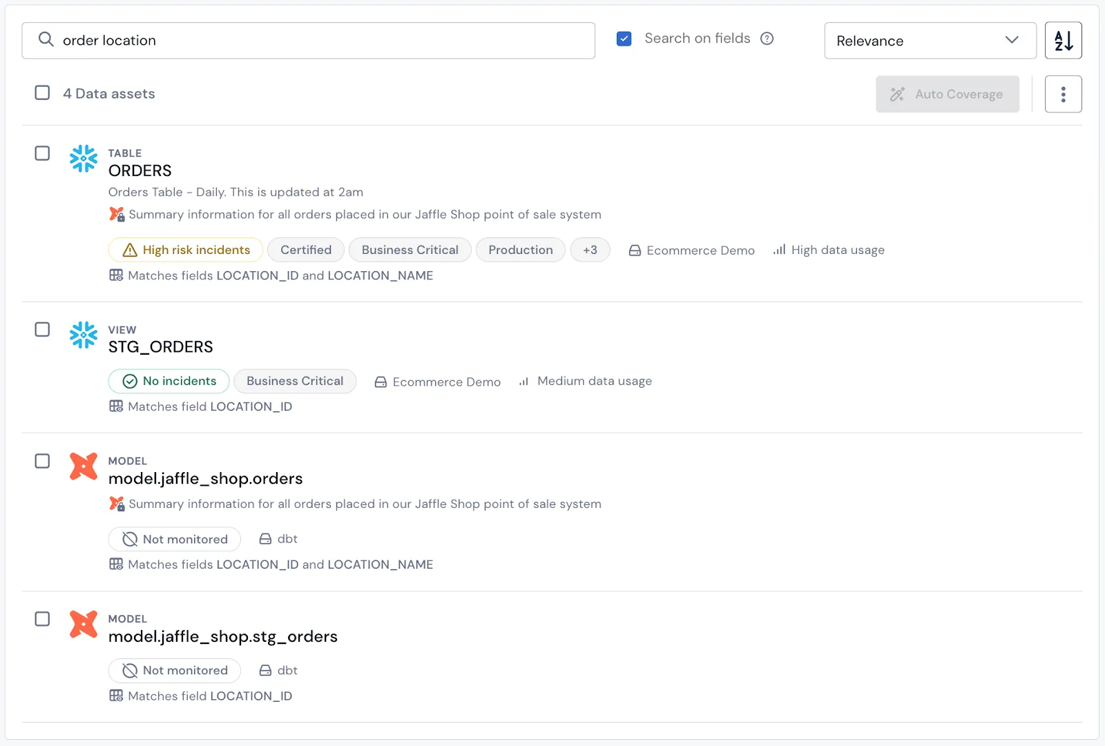 Finding order location on Sifflet's data catalog