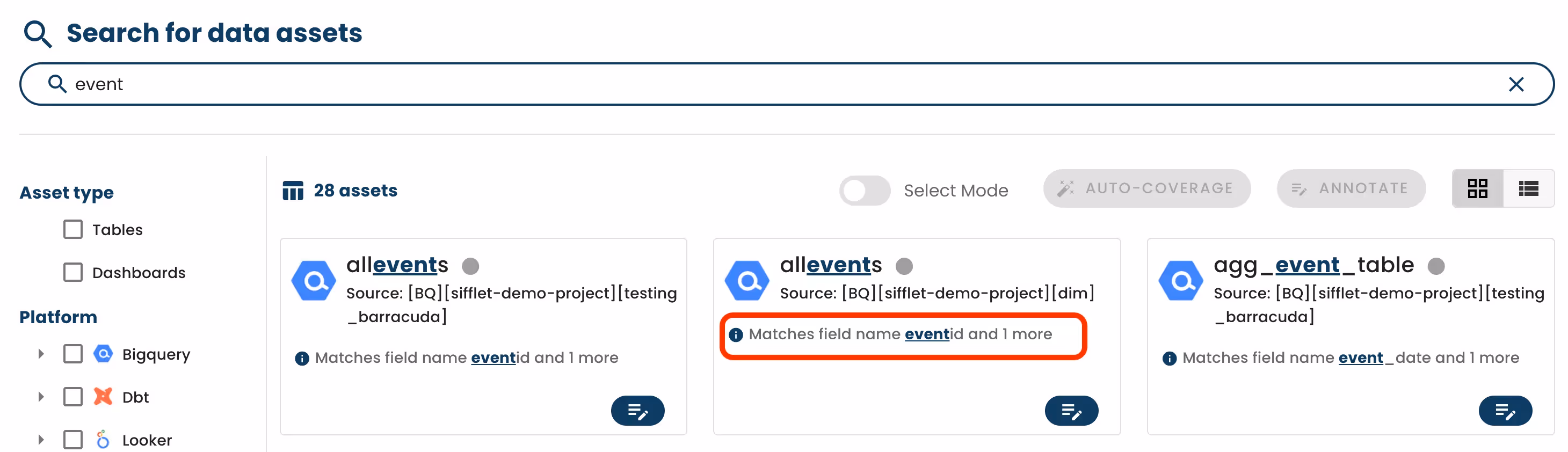 Advanced search on Sifflet's data observability tool
