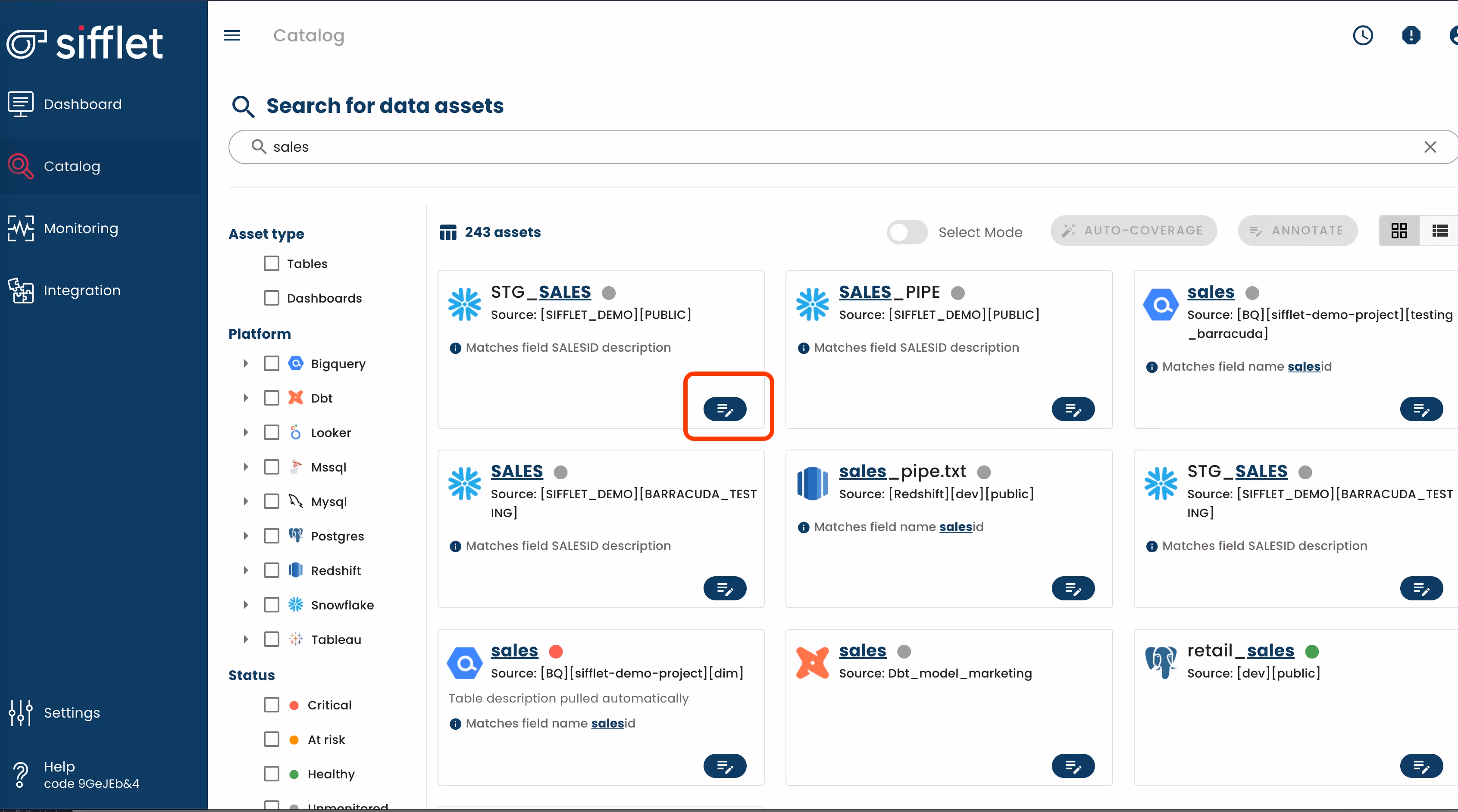 Sifflet's data catalog